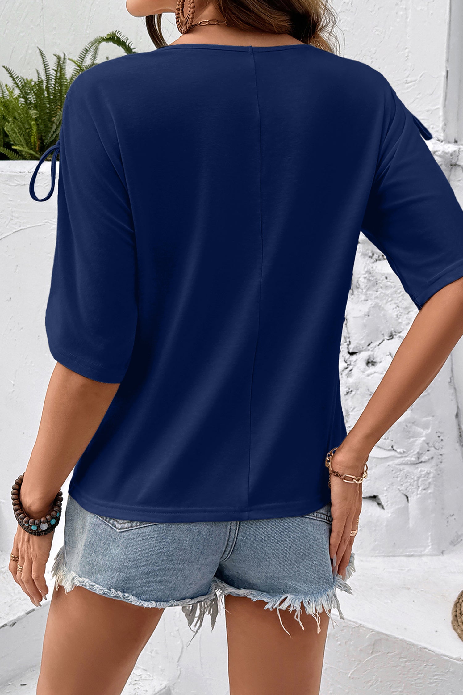 Navy Blue Solid Color Drawstring Shoulder Detail Crew Neck Tee