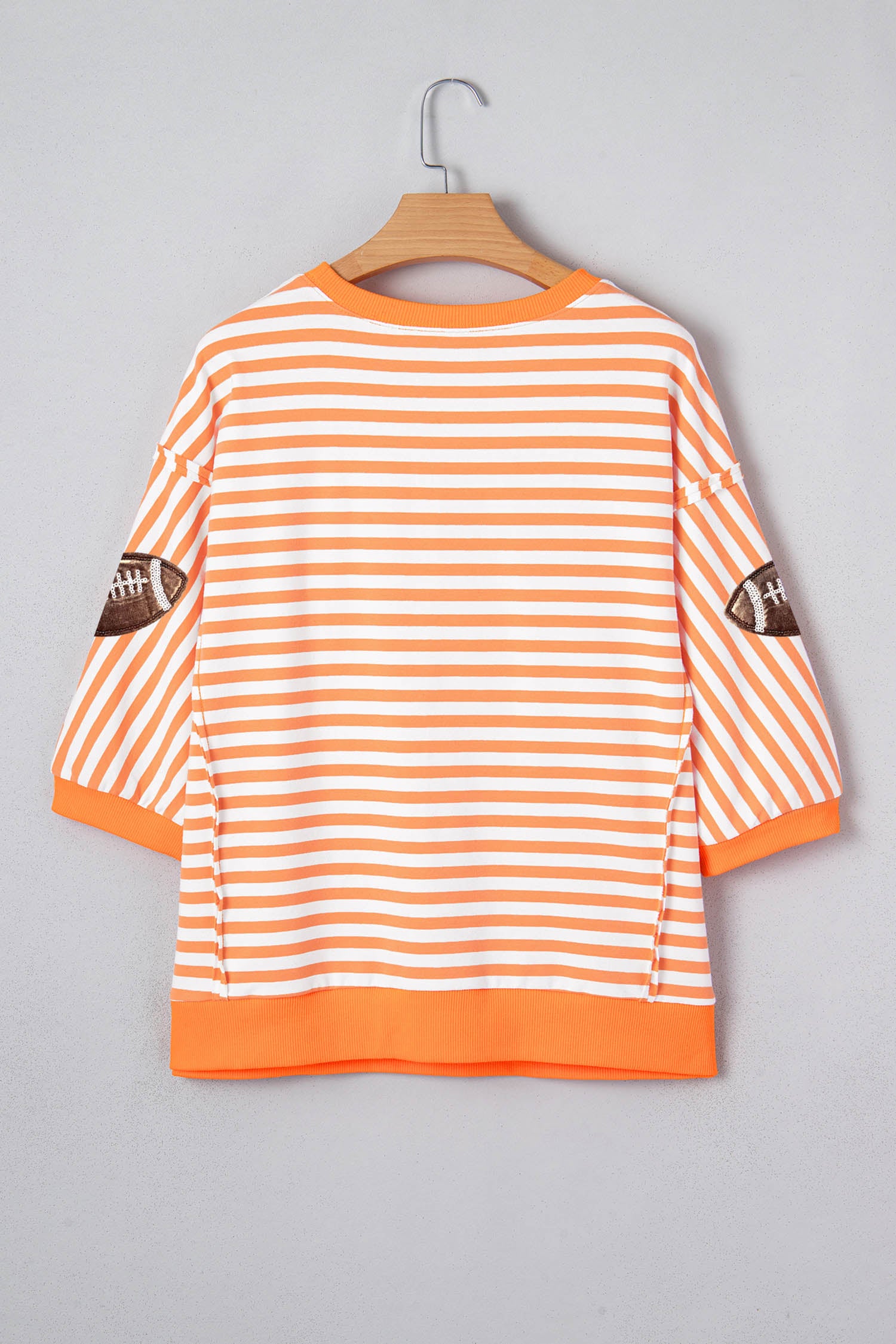 Orange Stripe Sequin Football Graphic Three Quarter Sleeve Top