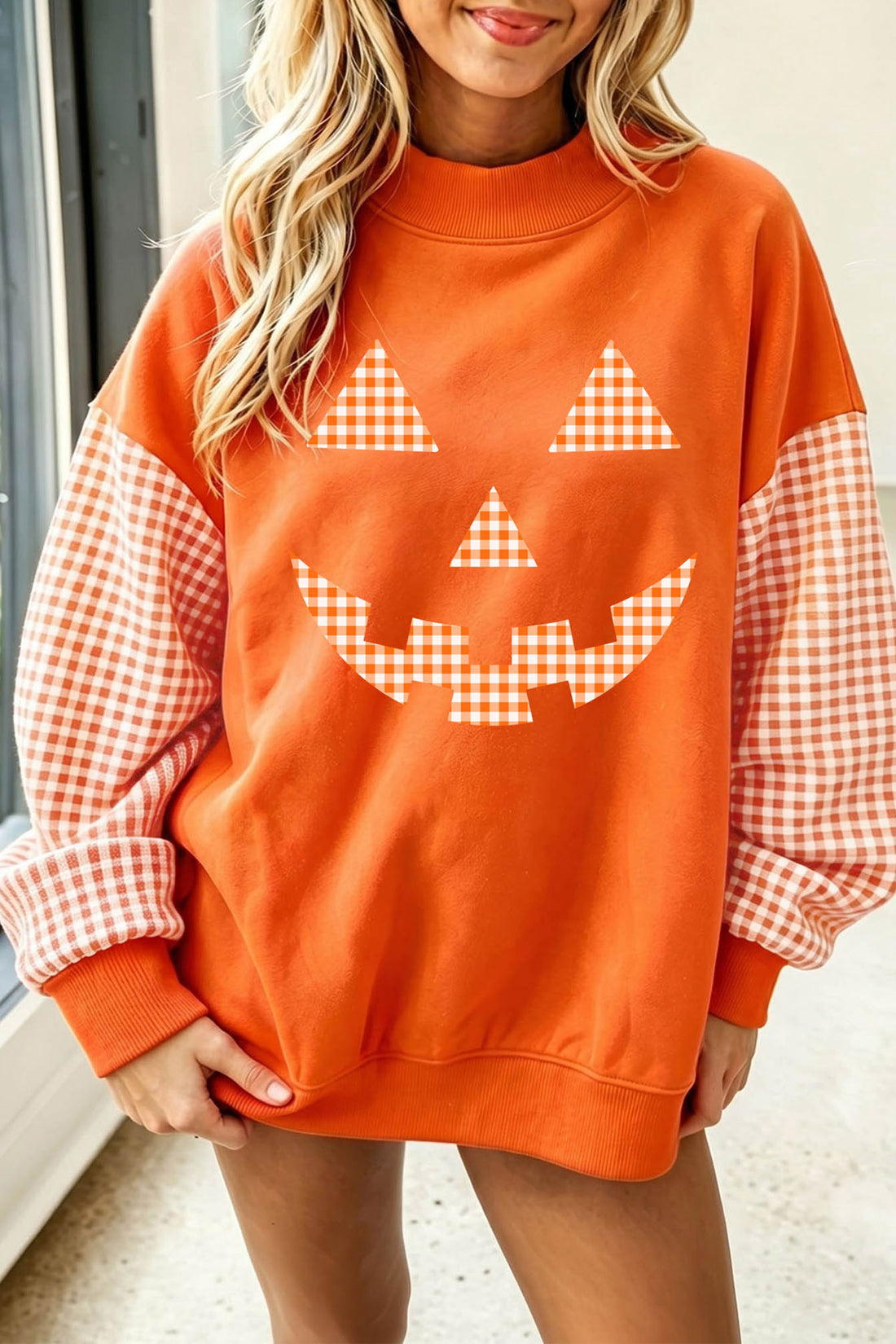 Russet Orange Plaid Sleeve Halloween Pumpkin Face Graphic Sweatshirt