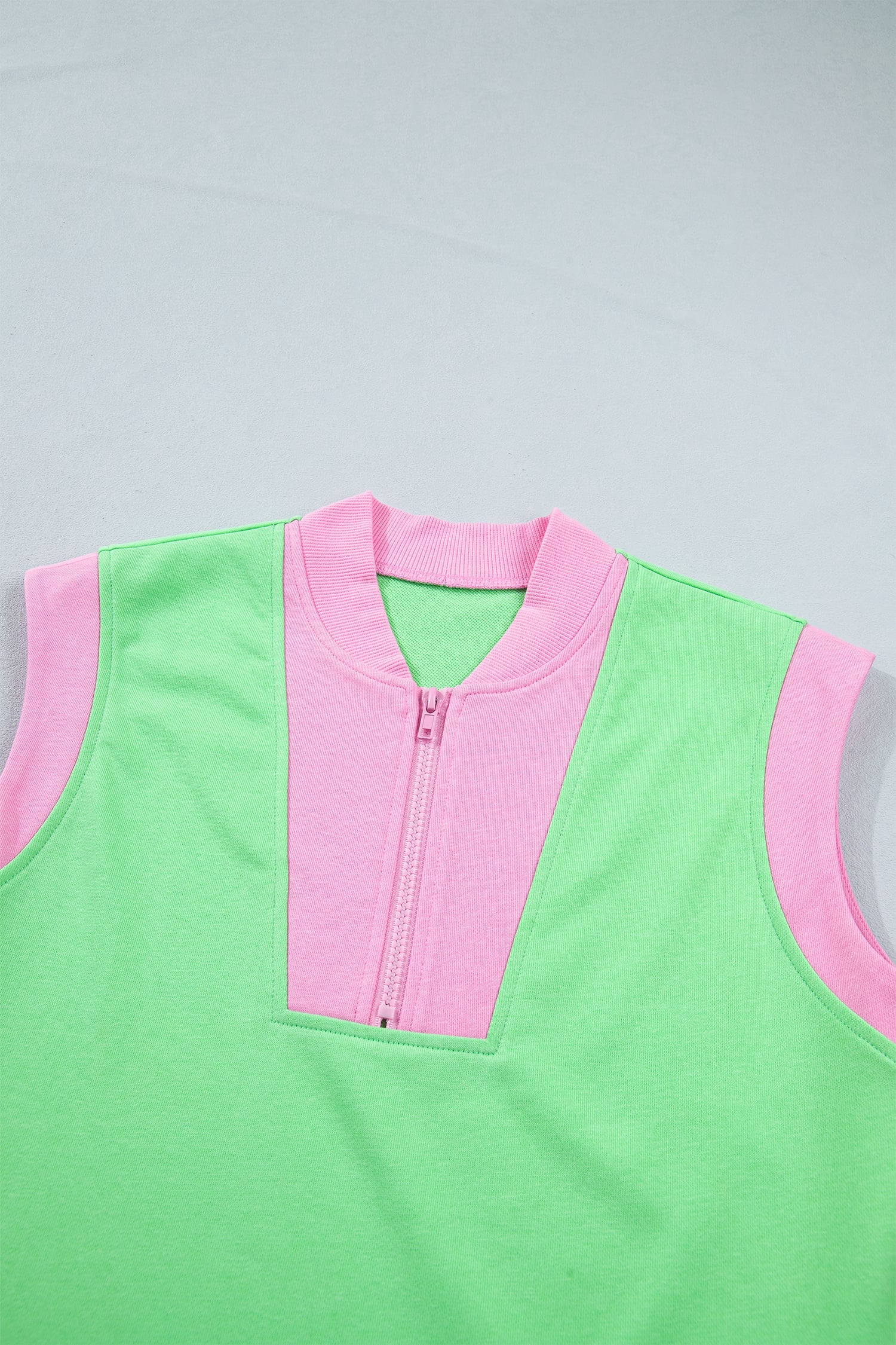 Green Color Block Accent Half Zip Top Athleisure Shorts Set