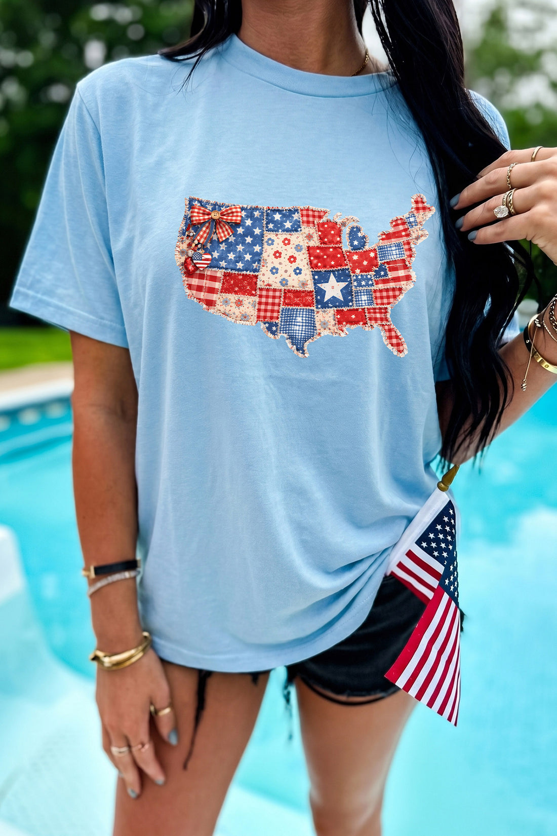 Light Blue Faux Patchwork Print American Patriotic Graphic Tee