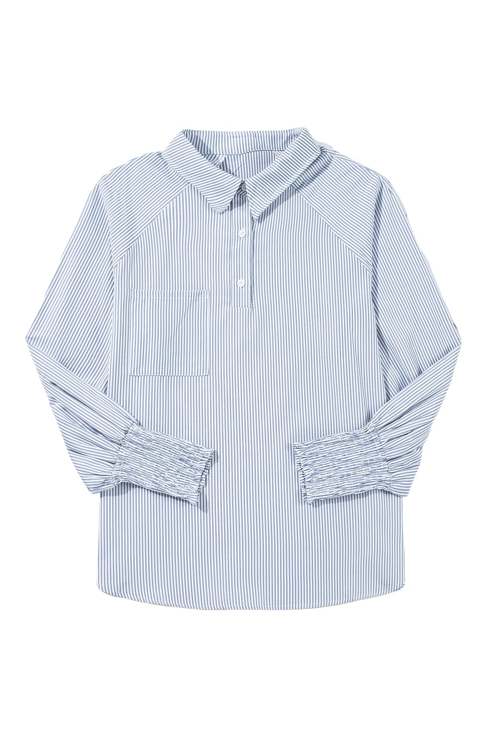 Gray Pinstripe Long Sleeve Smocked Cuffs Button Shirt Collar Blouse