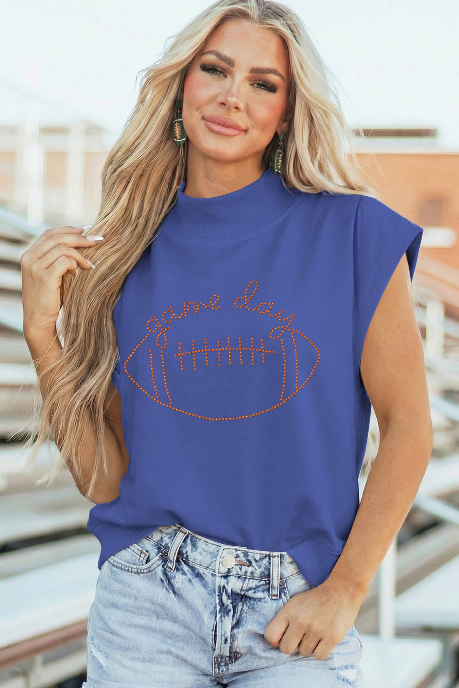 Sky Blue Casual High Neck Short Sleeve Game Day Football Rhinestone Top