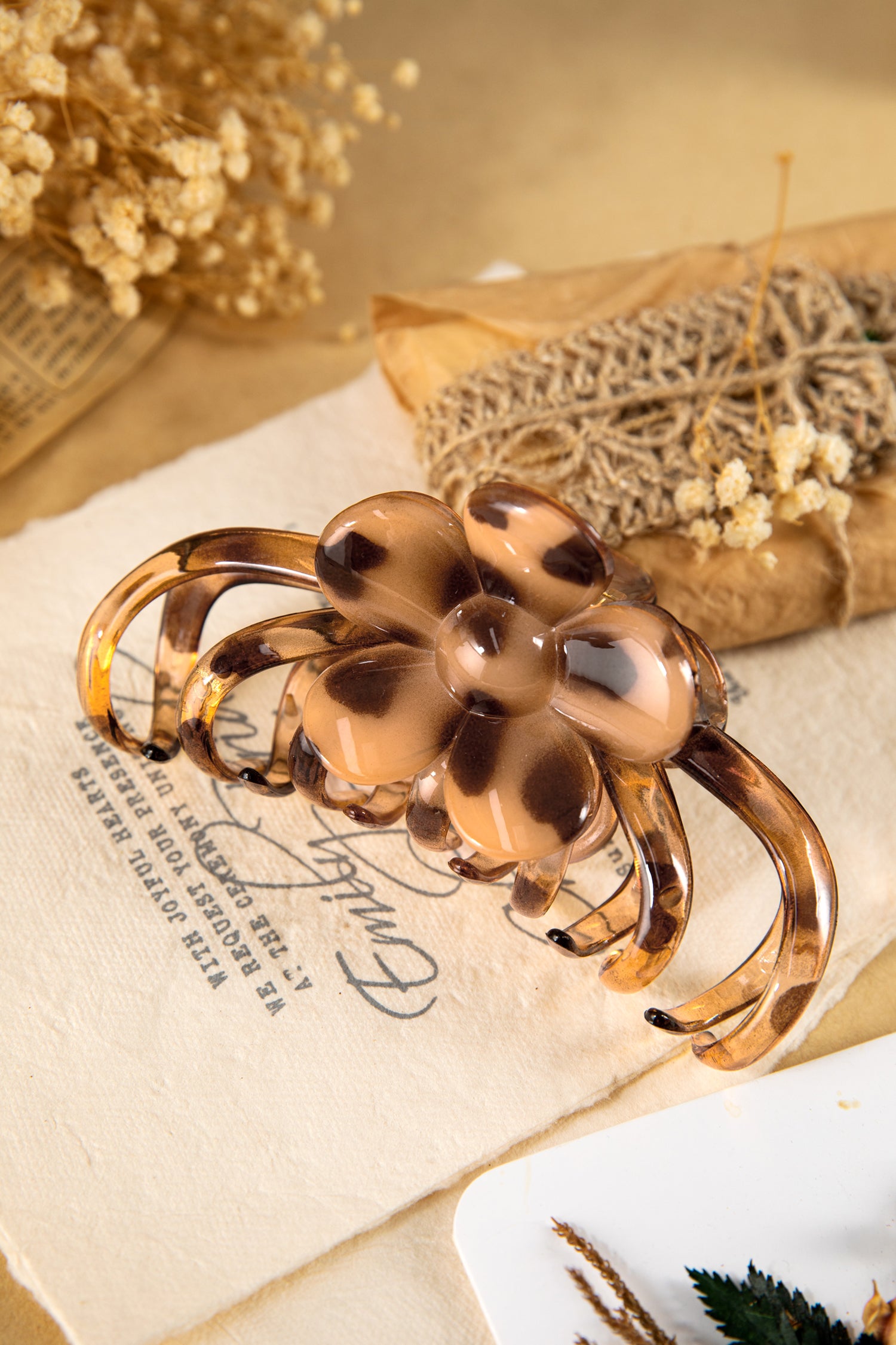 Thai Curry Amber Leopard Resin Flower Hair Claw Clip