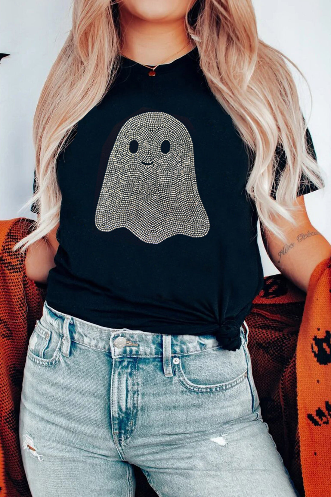 Black Rhinestone Ghost Halloween T Shirt