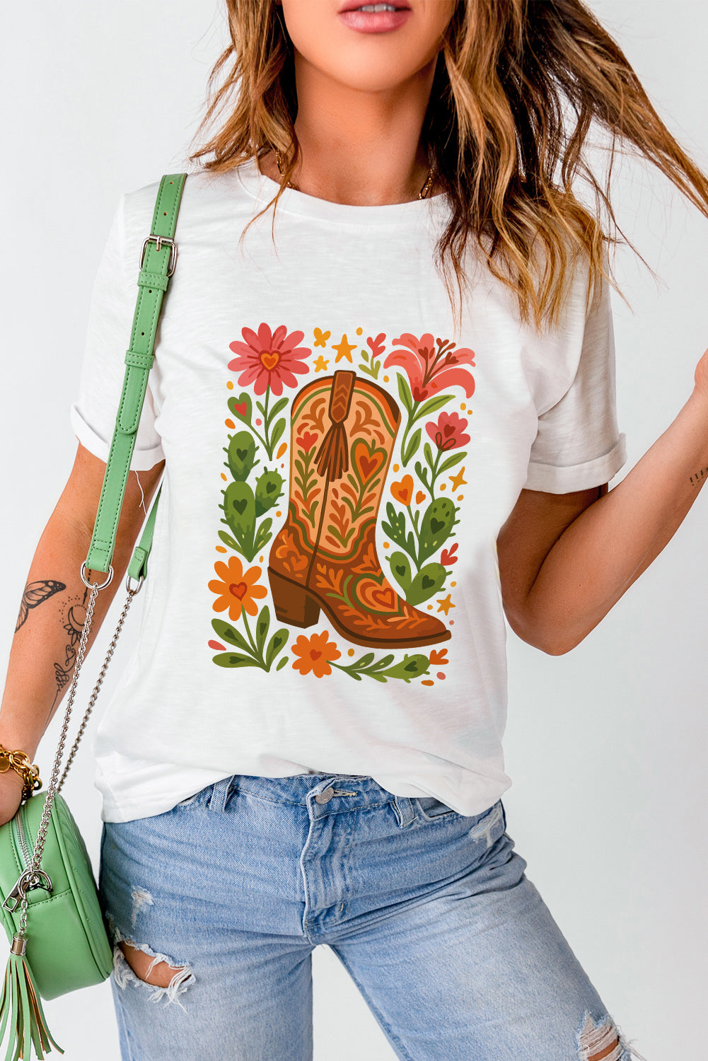 White Western Floral Boots Printed Casual Cotton Blend T Shirt