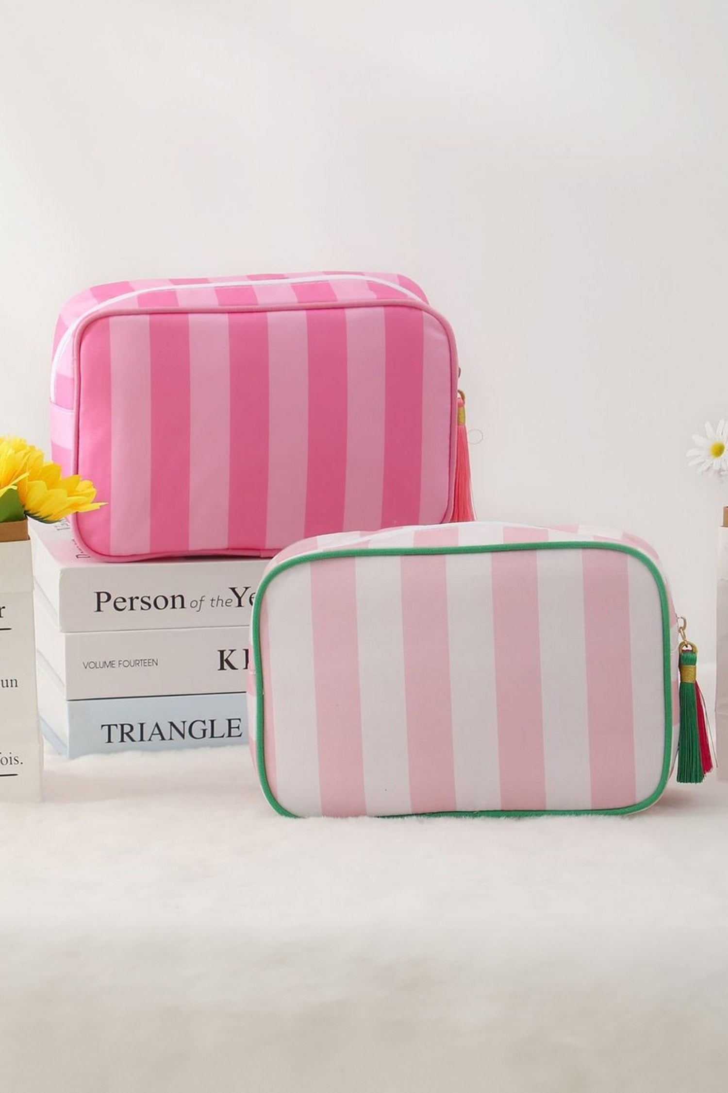 Pink Striped Print Tassel Zipper PU Large Cosmetic Bag