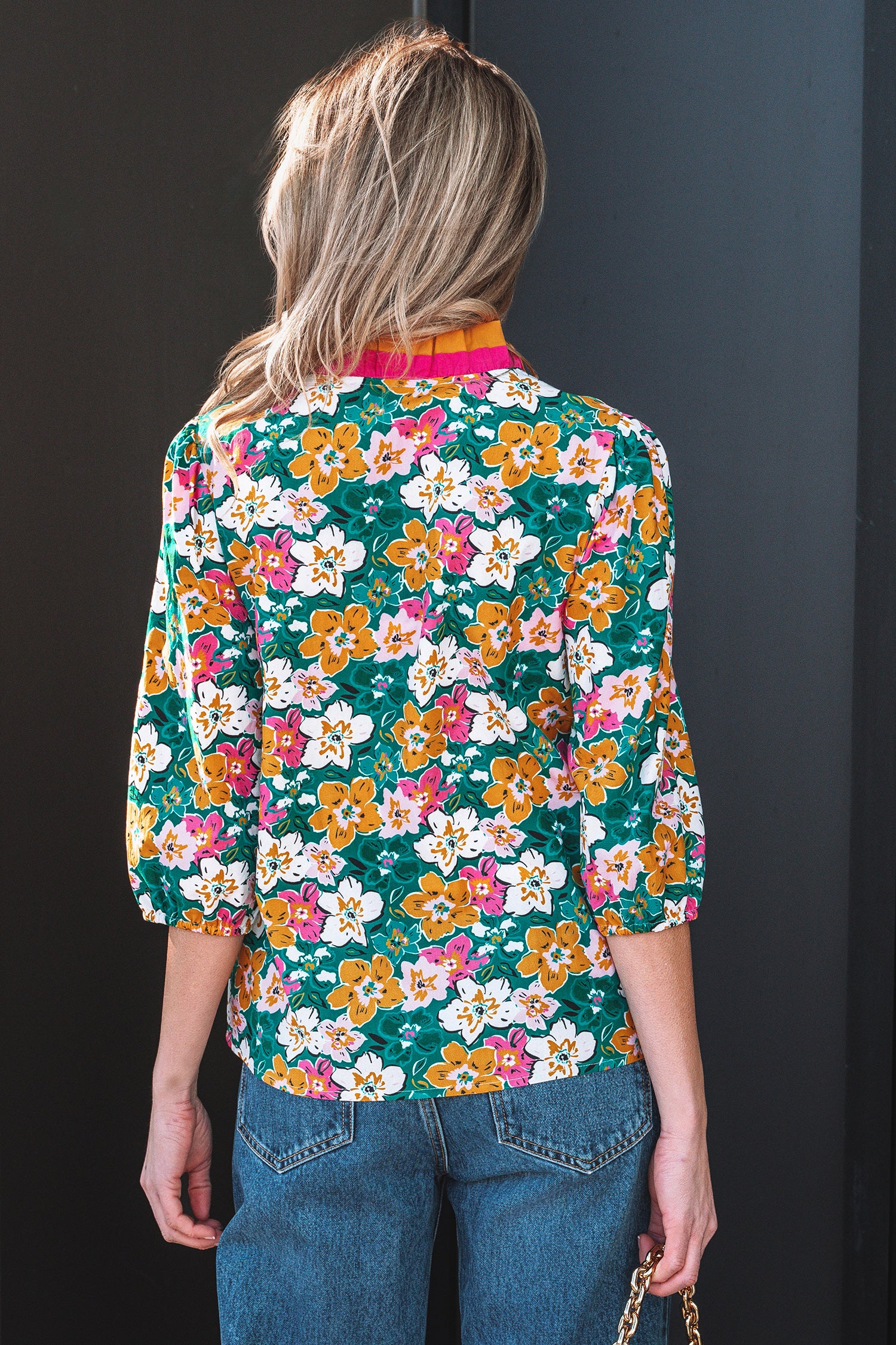 Green Floral Print Contrast Trim Frilled V Neck 3/4 Sleeve Blouse