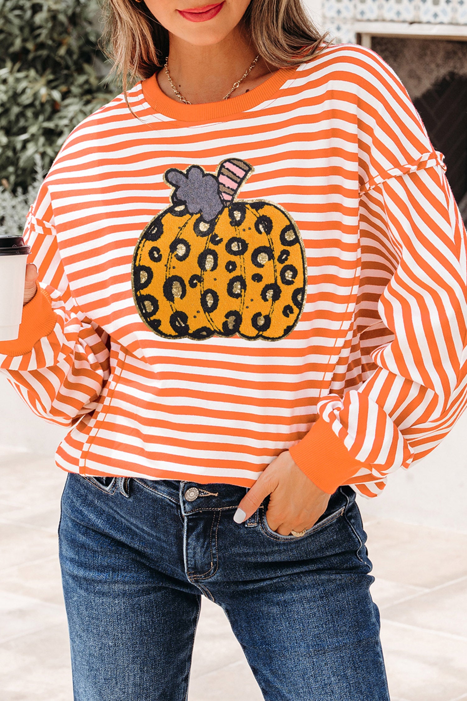 Orange Stripe Leopard Pumpkin Graphic Thanksgiving Pullover Top