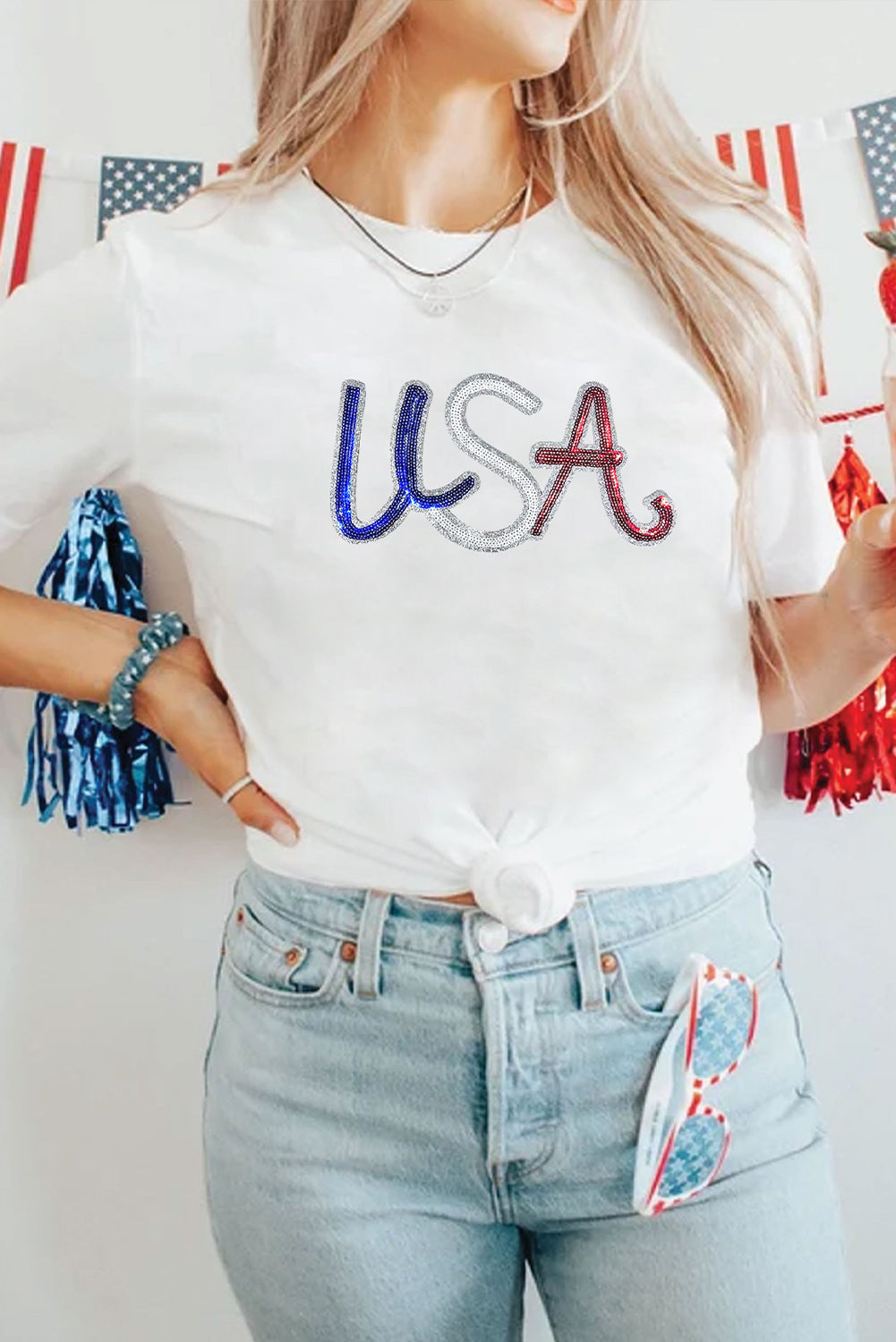 White Sequin USA Graphic Crew Neck Patriotic Tee