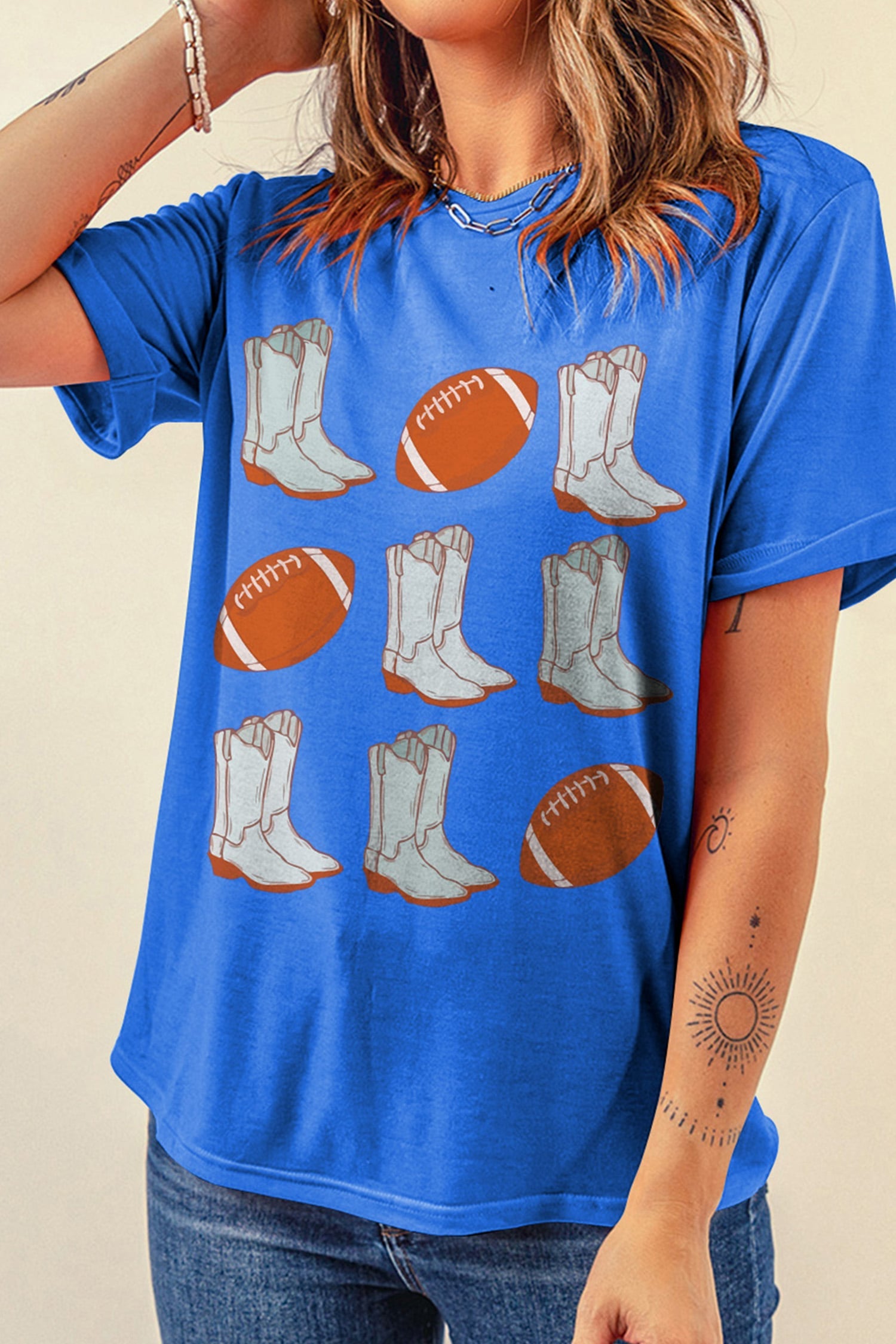 Dark Blue Western Boots Rugby Graphic Print Round Neck Tee