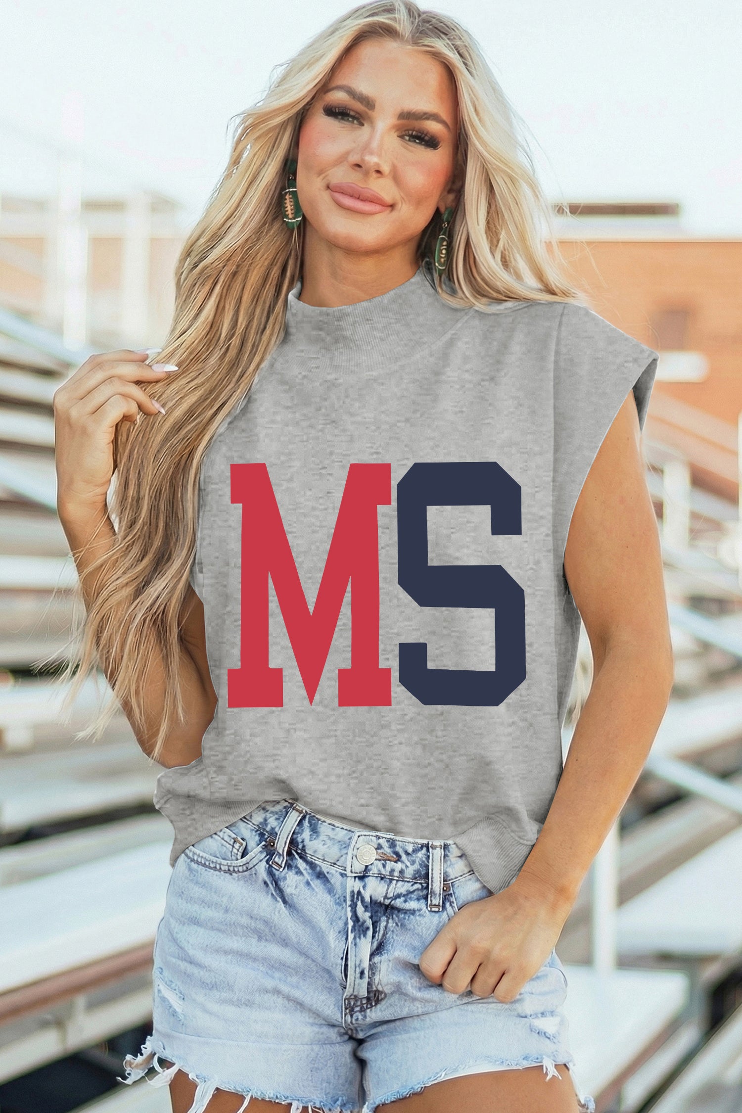 Light Grey MS/ MISSISSIPPI Double Side Printed Mock Neck Tee