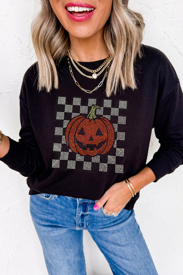 Black Rhinestone Pumpkin Graphic Long Sleeve T-Shirt