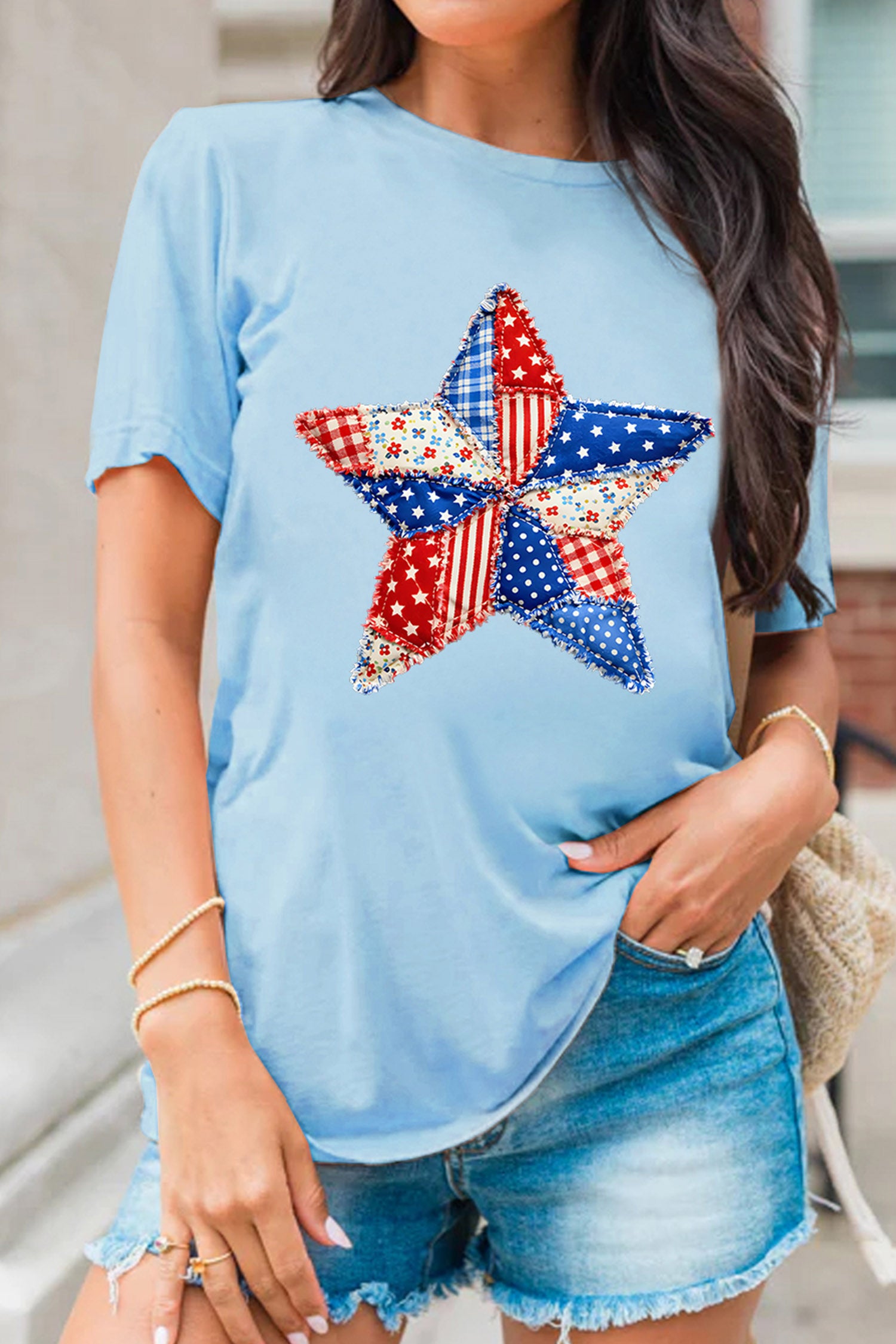 Light Blue Patriotic Patchwork Star Graphic T-Shirt