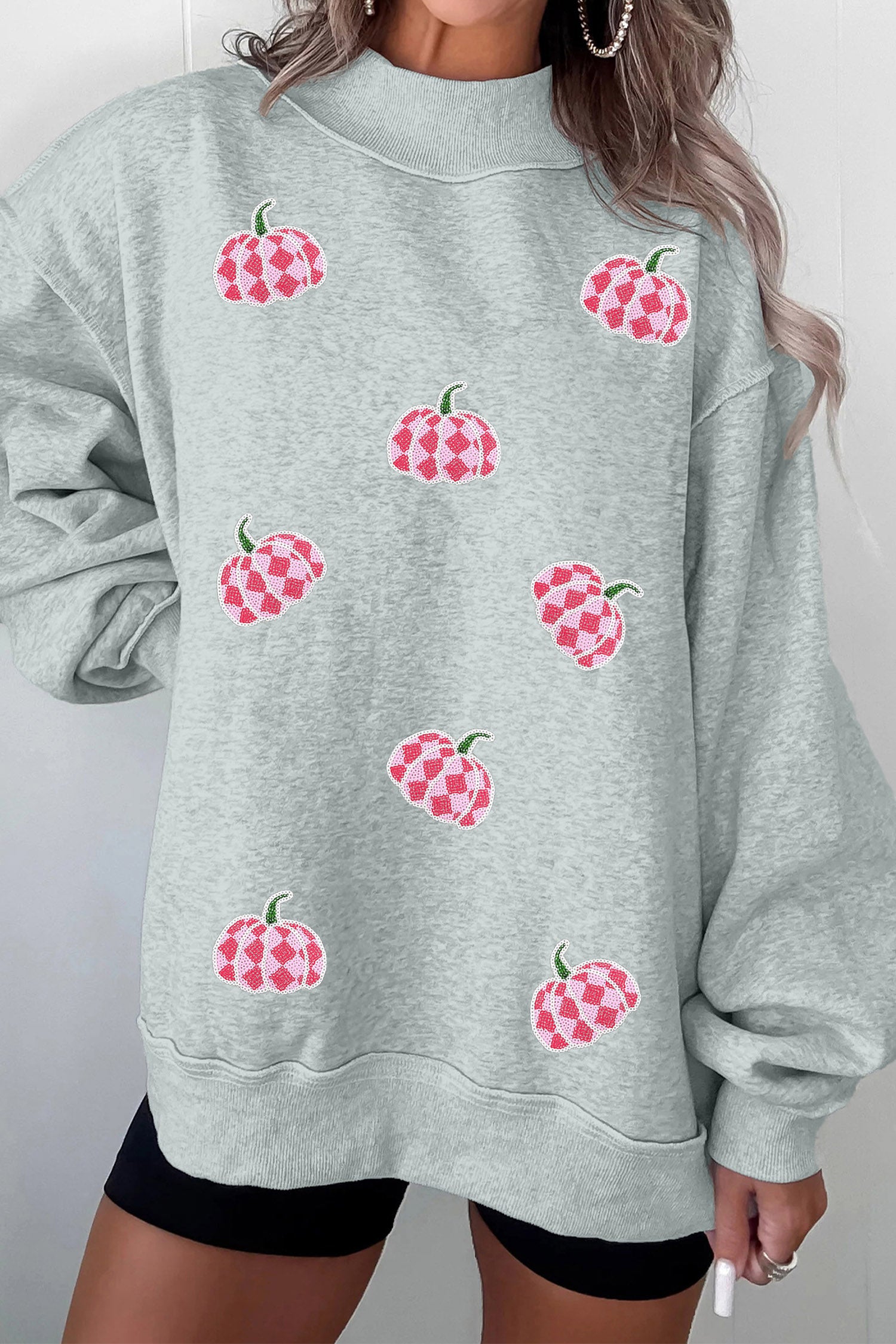 Gray Sequined Pumpkin Graphic Mock Neck Baggy Pullover Sweatshirt