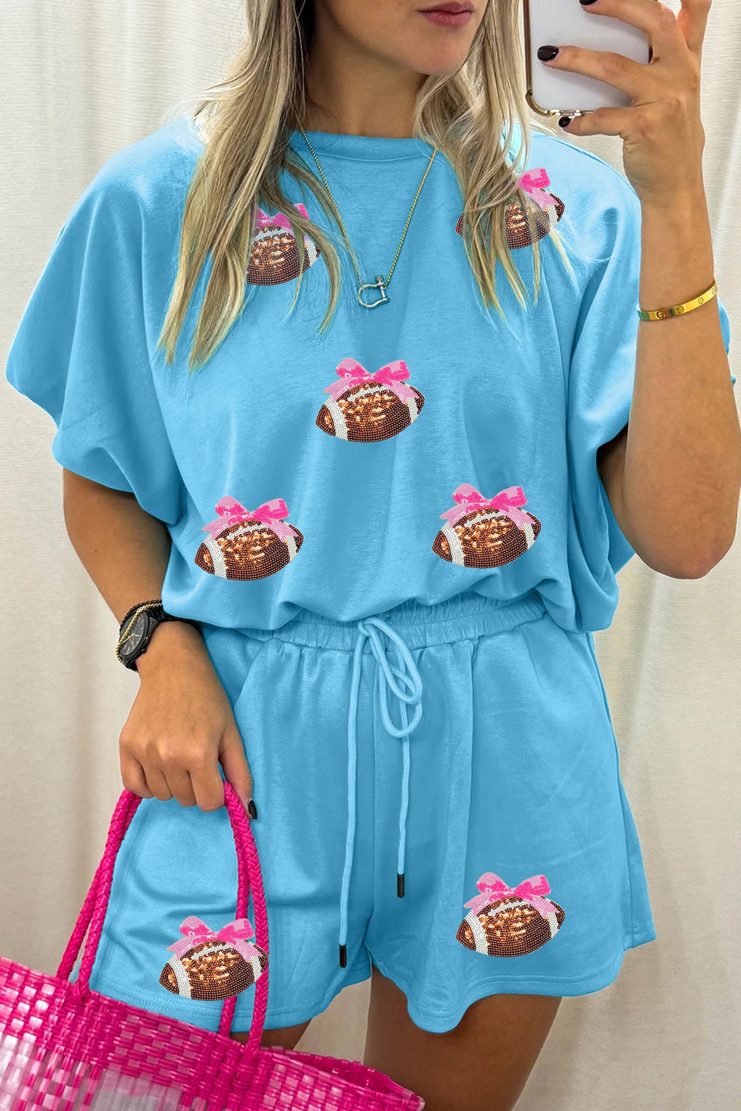 Light Blue Sequin Bow Rugby Pattern Short Sleeve Loose Two Piece Set