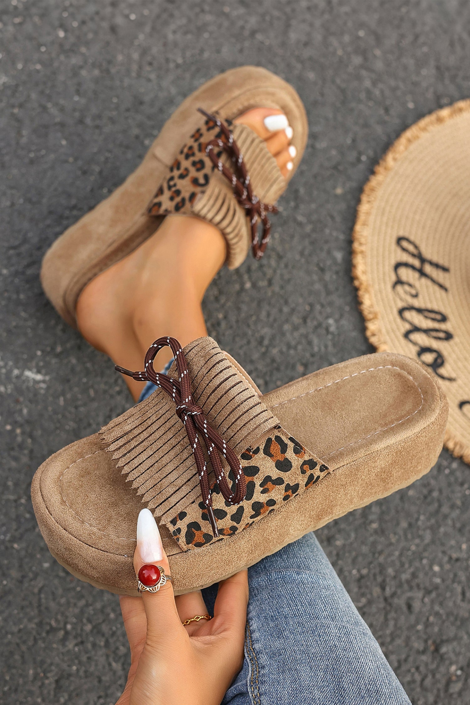 Coffee Leopard Faux Suede Slashed Lace-up Detail Platform Slippers