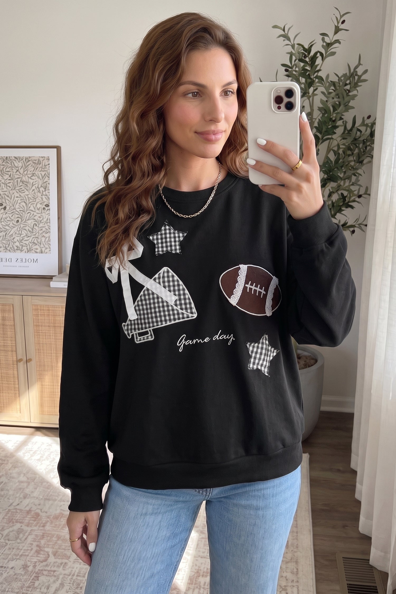 Black Gingham Patch Embroidered Rugby Game Day Stars Sweatshirt