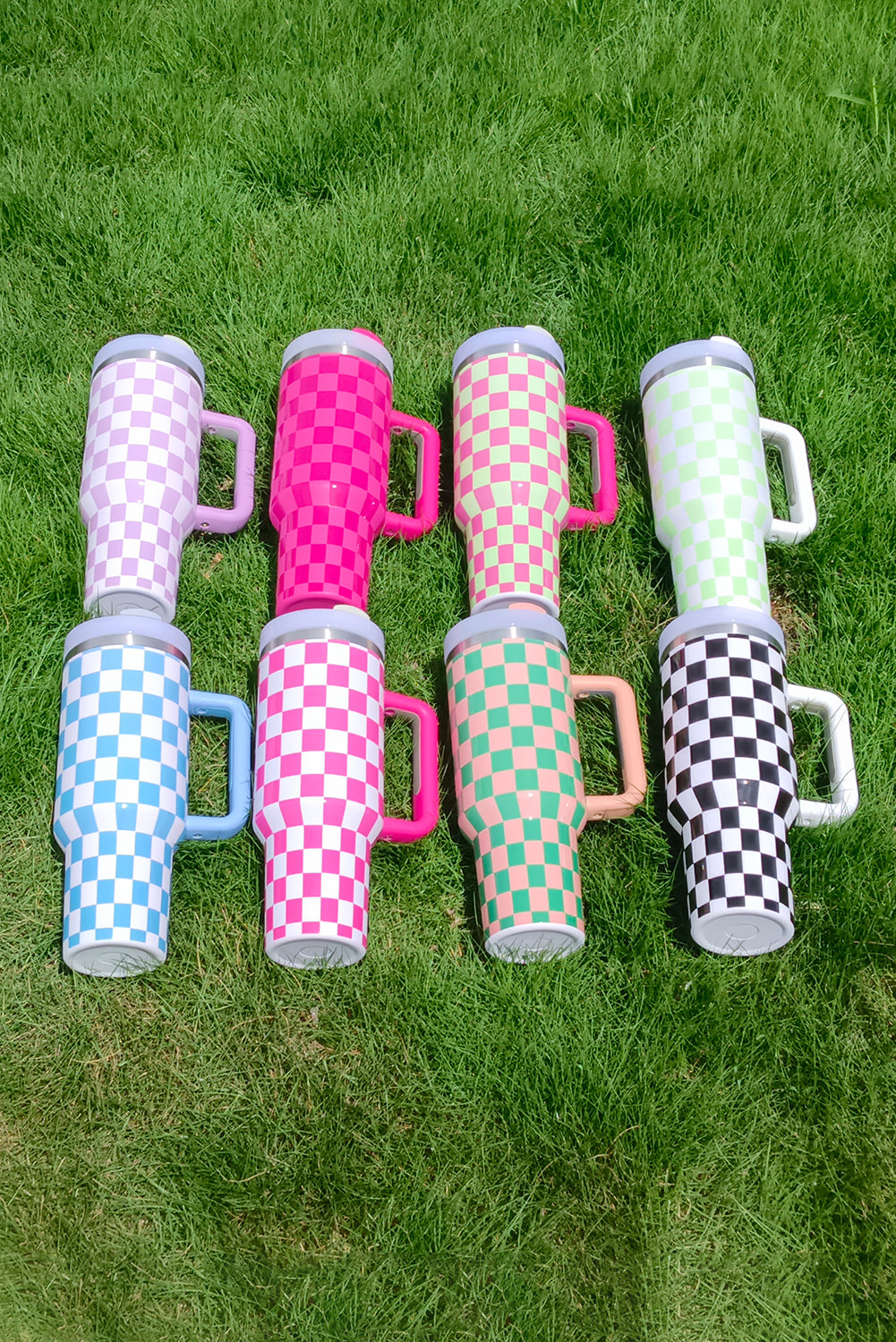 Black Checkered Print Handled Stainless Steel Tumbler Cup 40oz