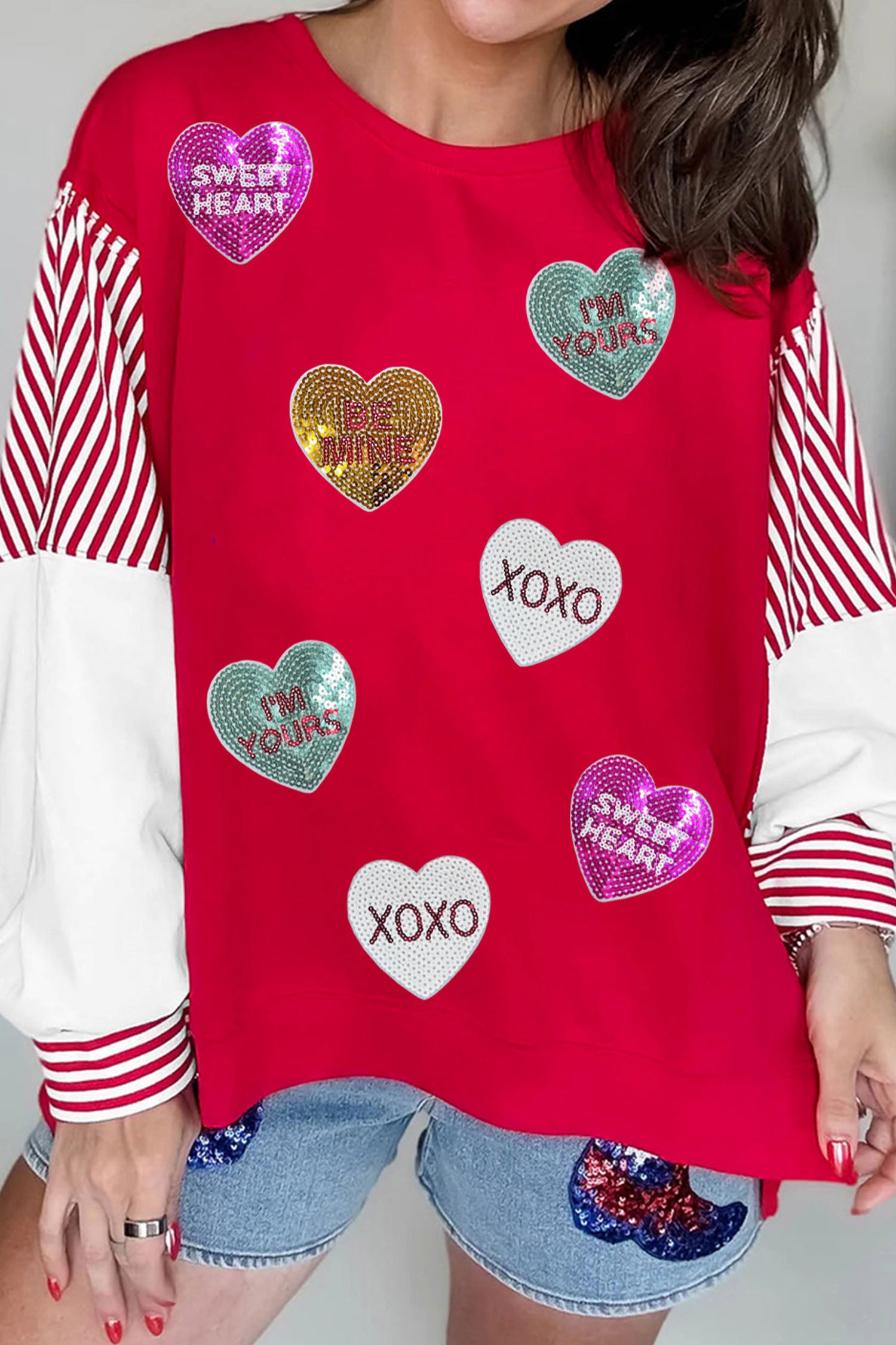Fiery Red Valentines Day Slogan Sequin Heart Graphic Striped Color Block Patchwork Sweatshirt