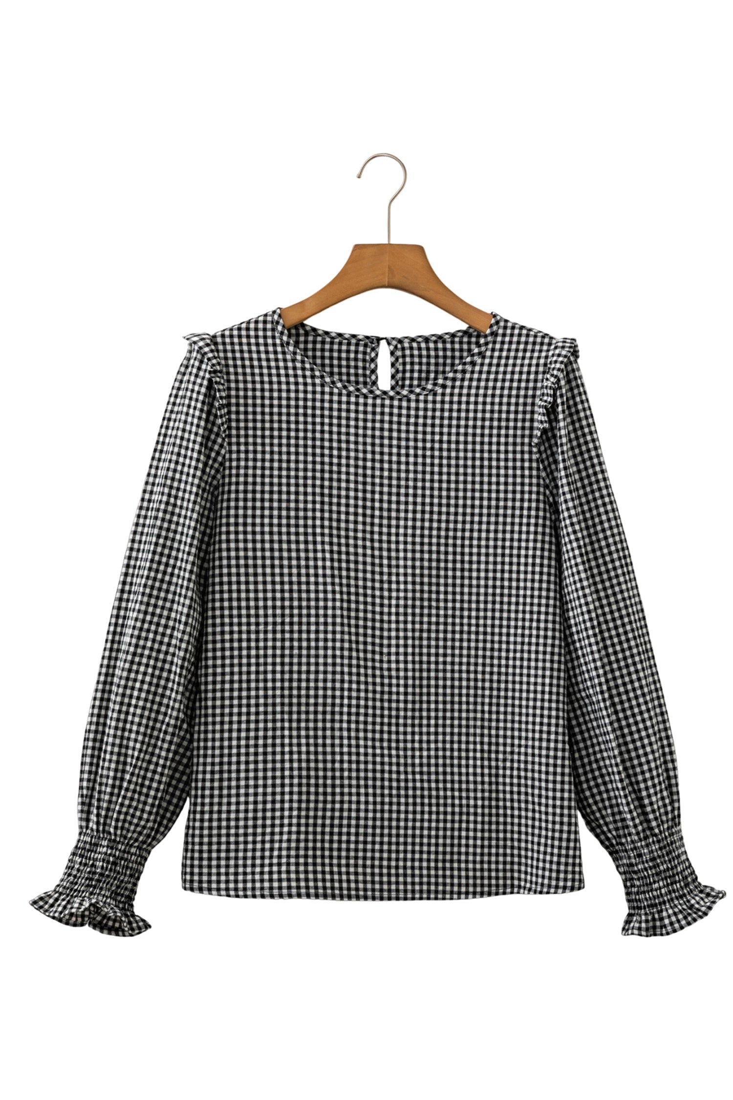 Black Plaid Shirred Cuff Long Sleeve Round Neck Blouse
