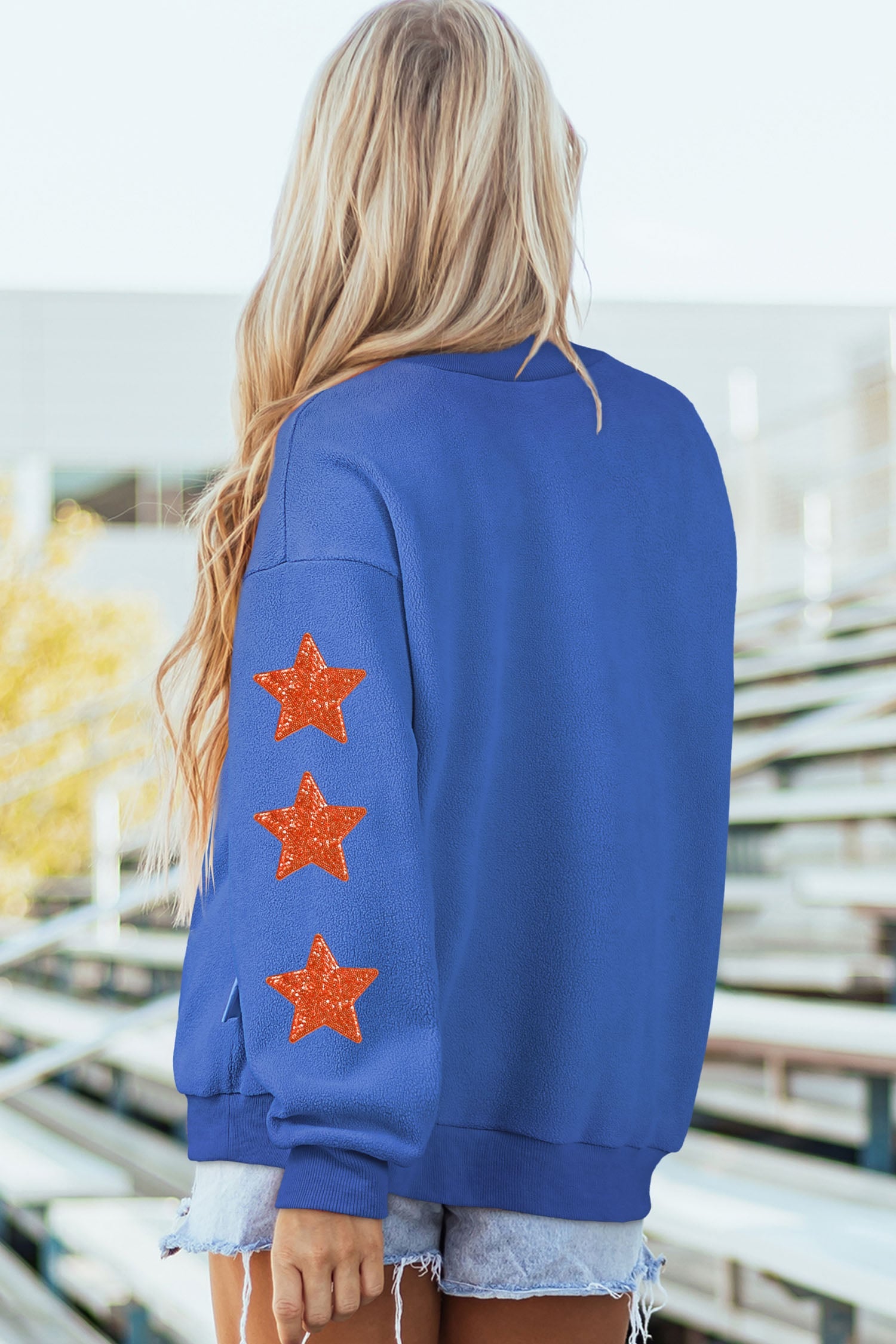 Dark Blue Touchdown Chenille Lettering Sequin Star Patched Mock Neck Sweatshirt