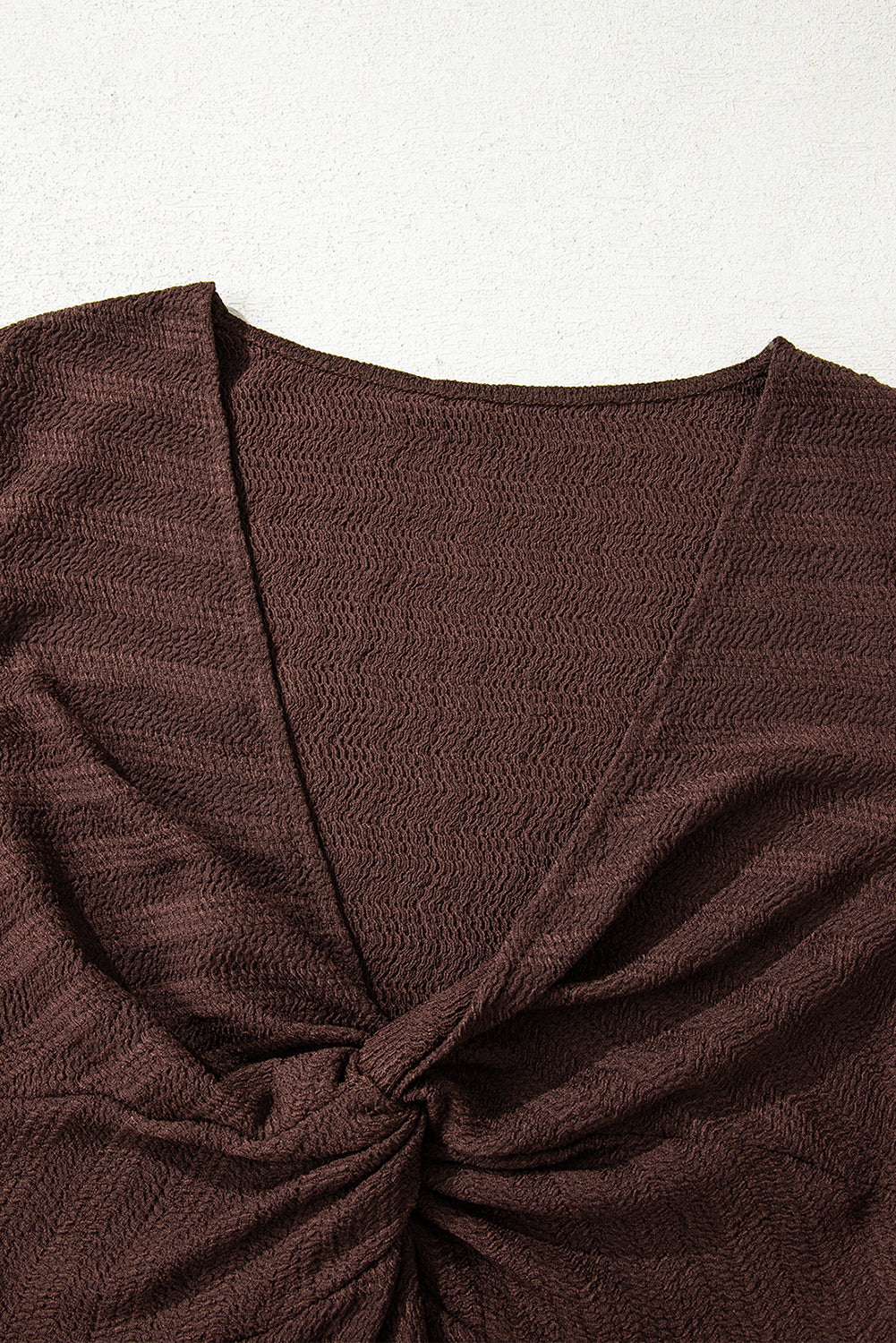 Coffee Textured Twist Front V Neck Long Sleeve Slim Solid Color Top