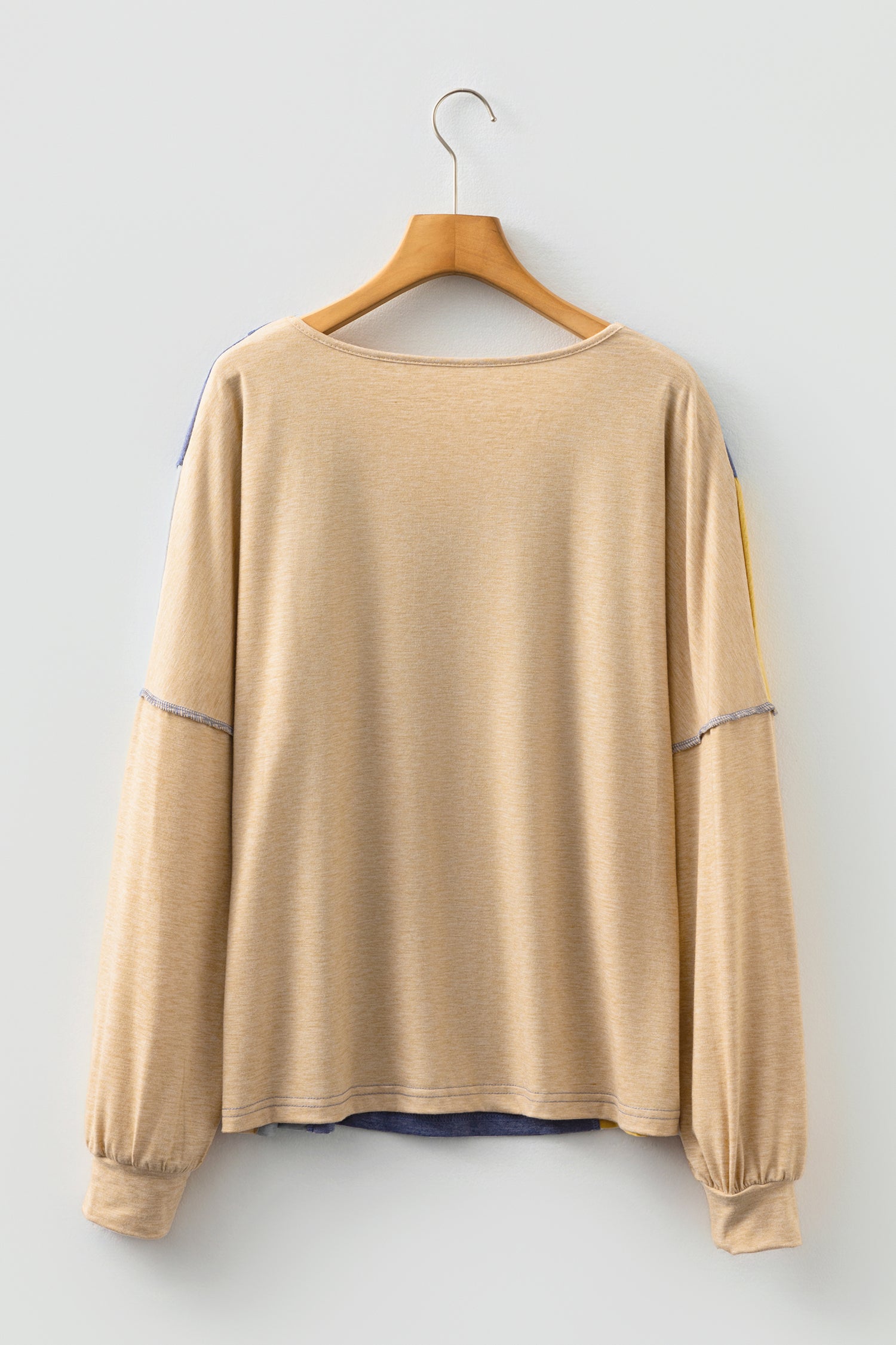 Sail Blue Exposed Stitching Colorblock V Neck Long Sleeve Top