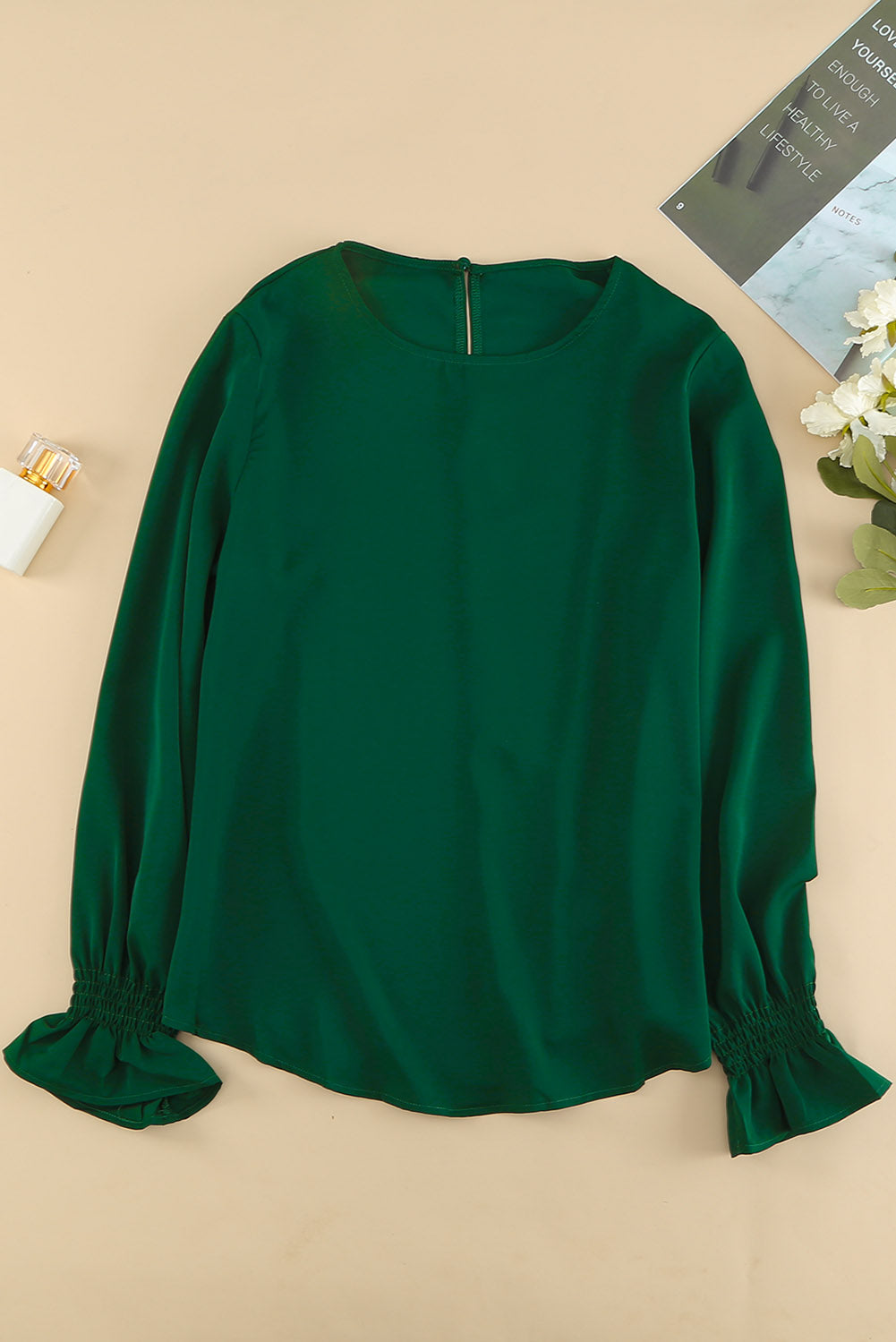 Green Crew Neck Ruffle Bubble Sleeve Top