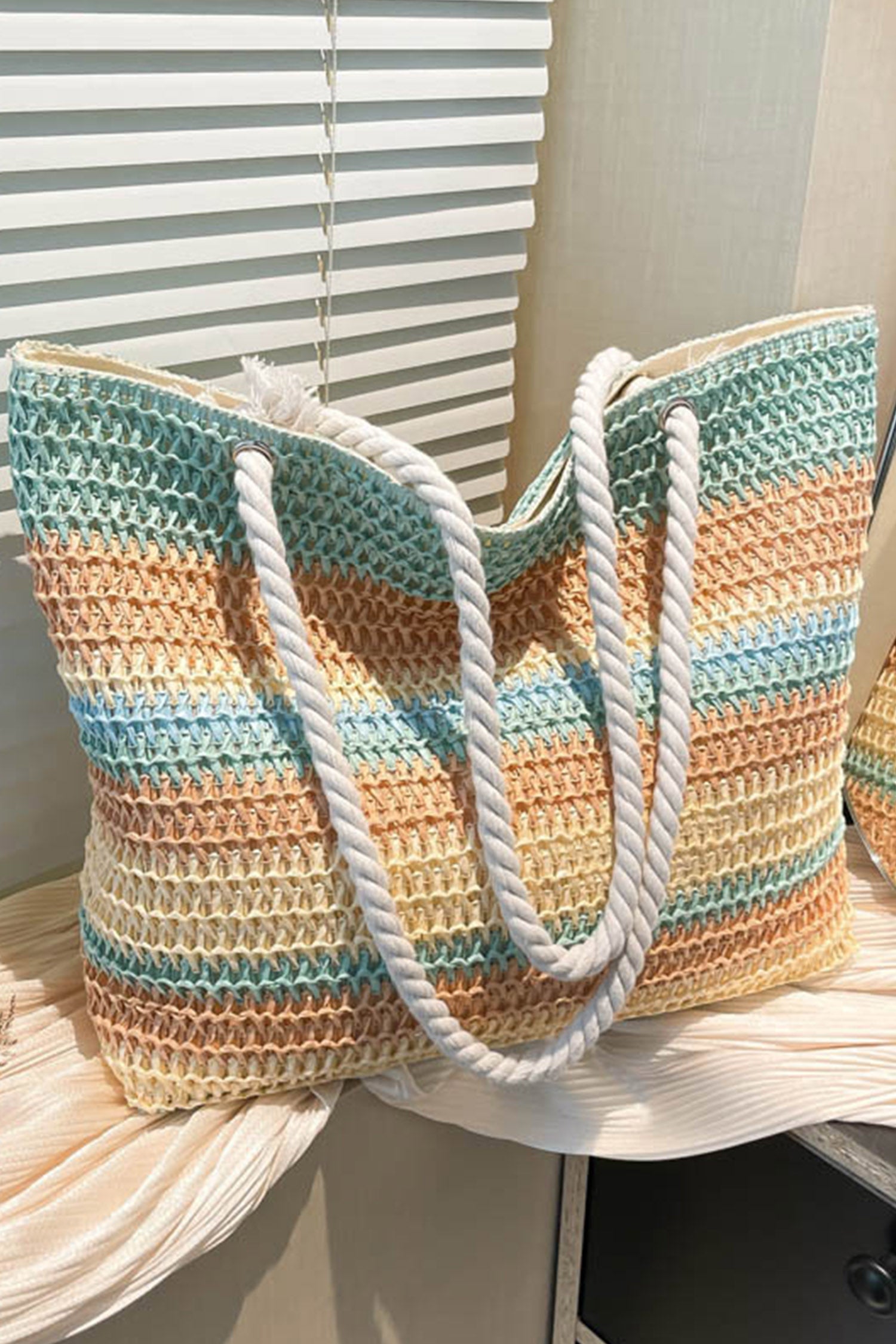 White Striped Color Block Woven Straw Tote Bag
