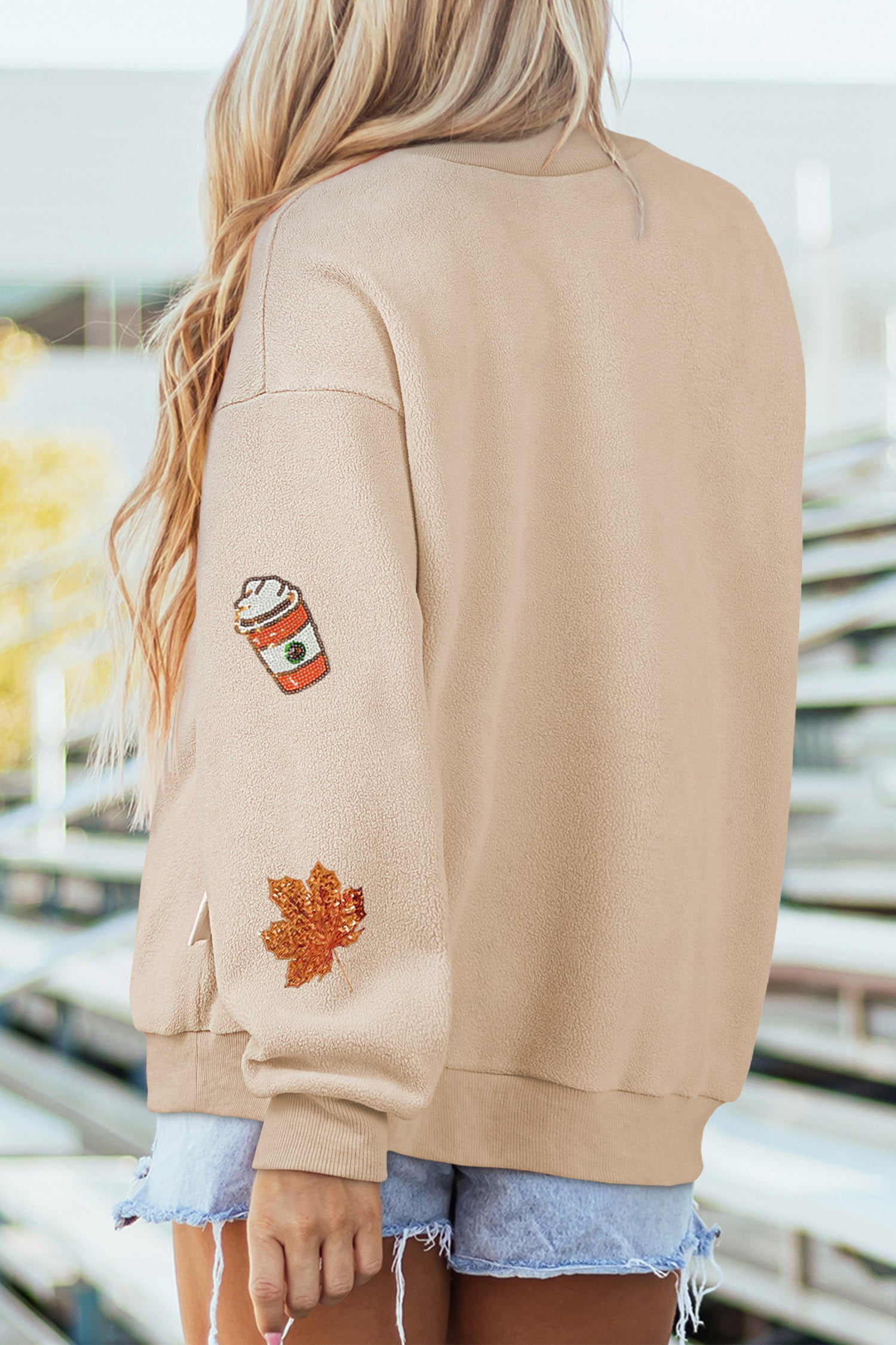 Apricot Sequin Leaf Fall Drinks Patch Graphic Mock Neck Sweatshirt