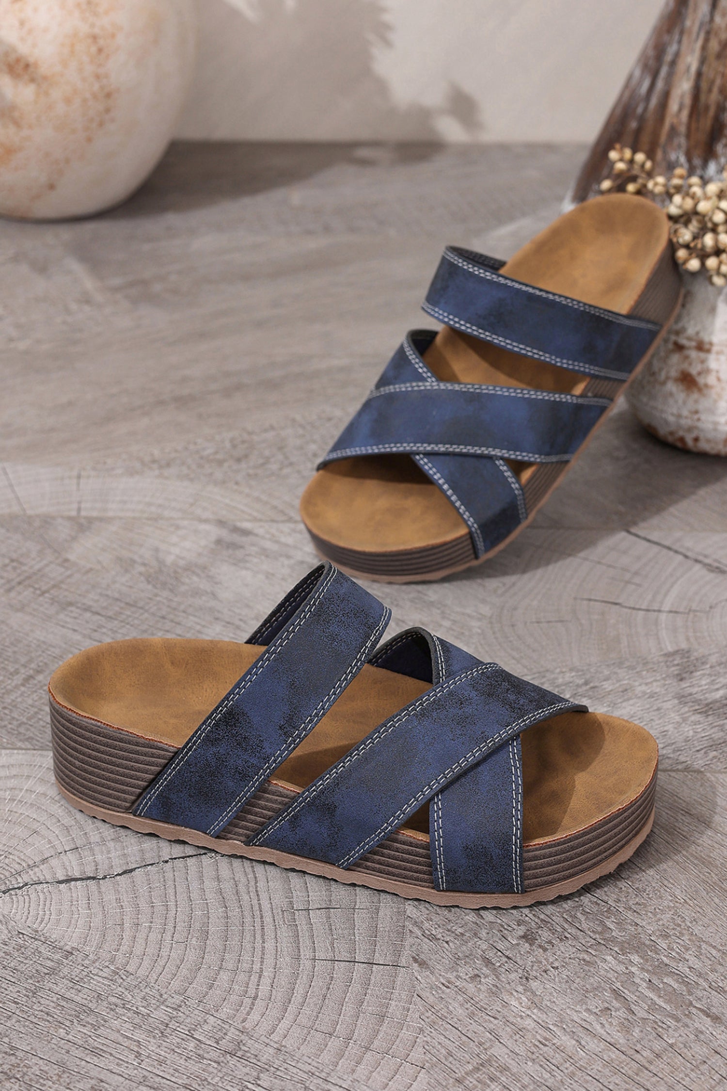 Sail Blue Contrast Stitch Crossed Band Retro Platform Slippers