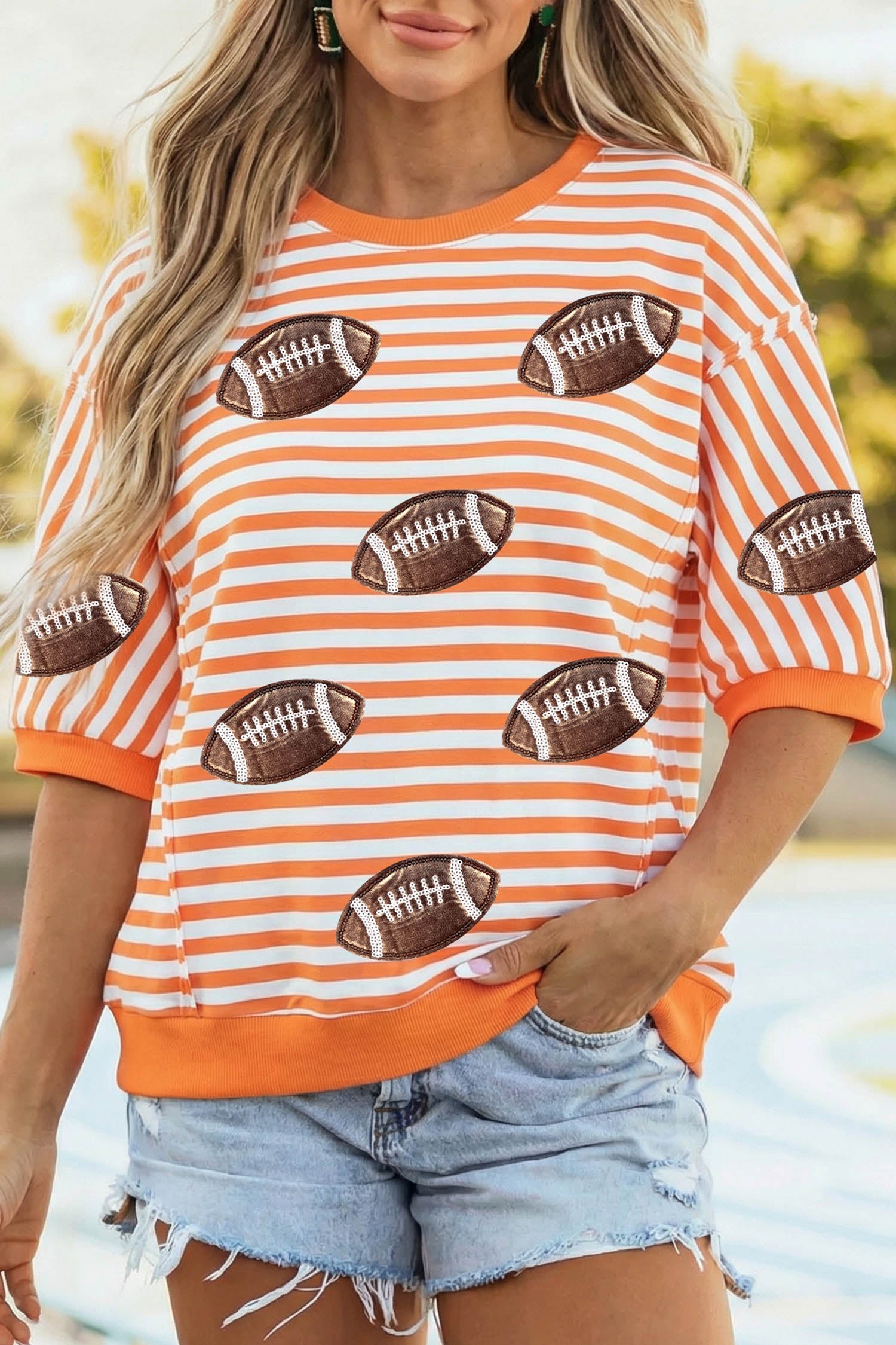 Orange Stripe Sequin Football Graphic Three Quarter Sleeve Top
