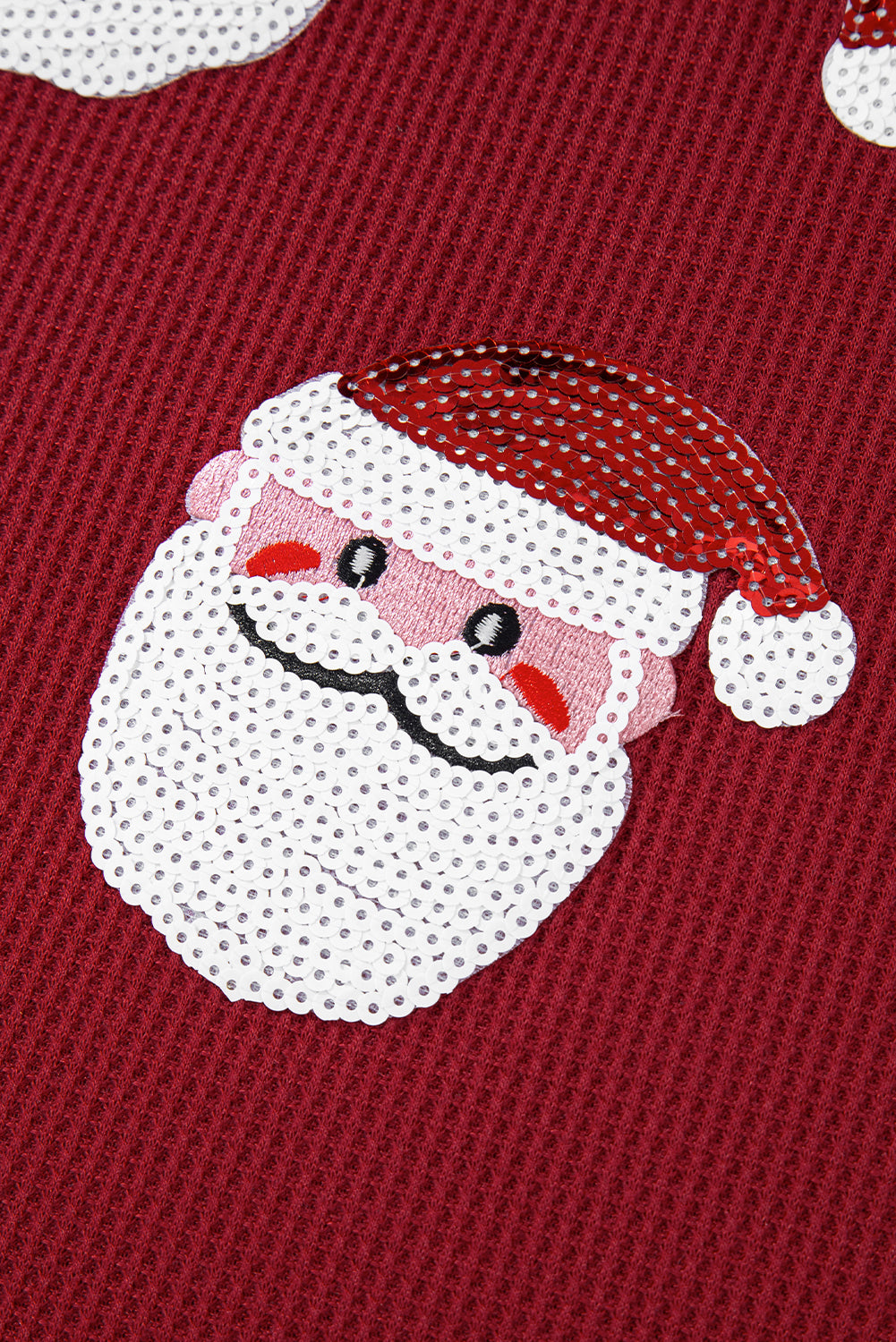 Red Sequin Santa Claus Graphic Textured Long Sleeve Top
