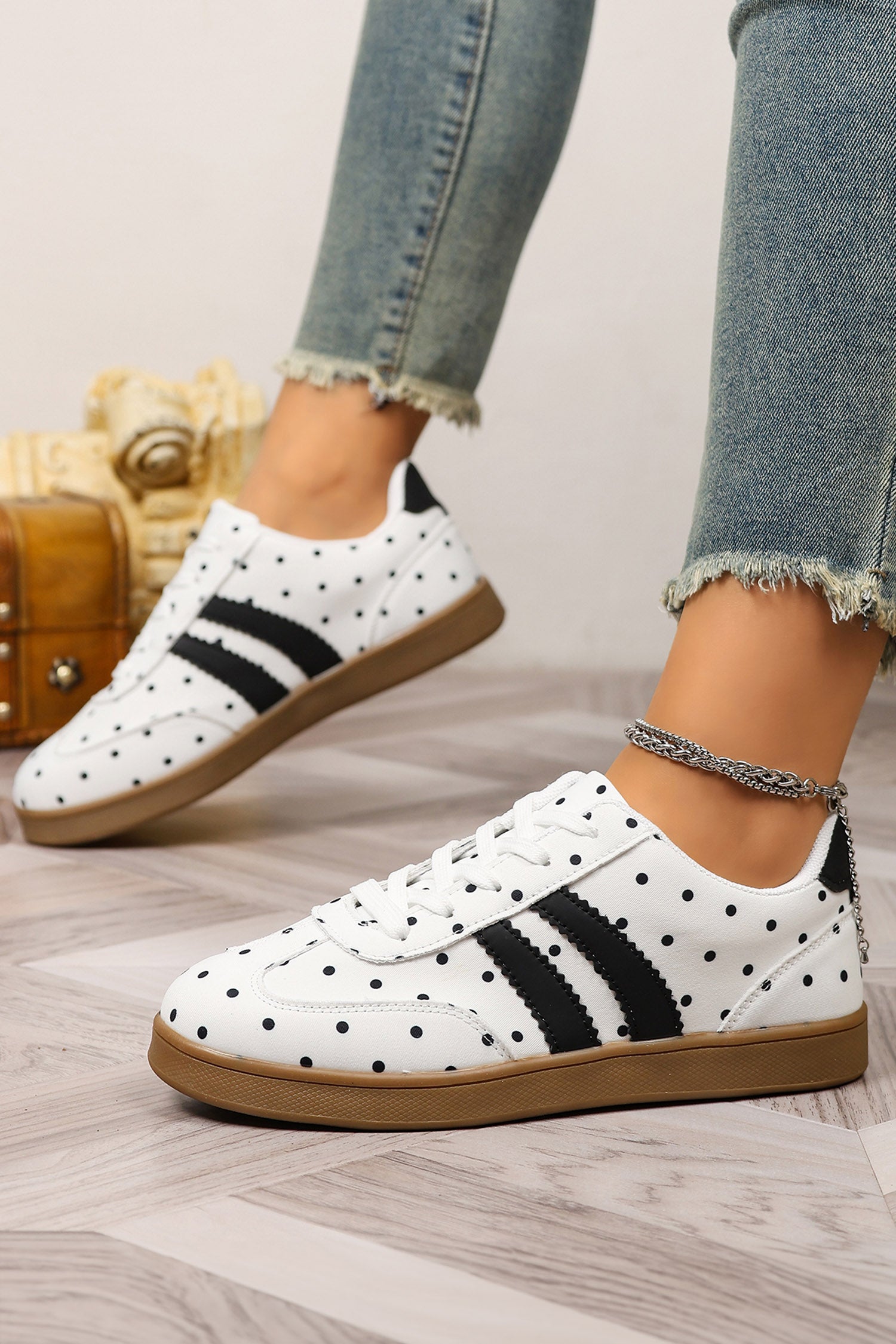 White Polka Dot Print PU Leather Color Block Detail Casual Sneakers