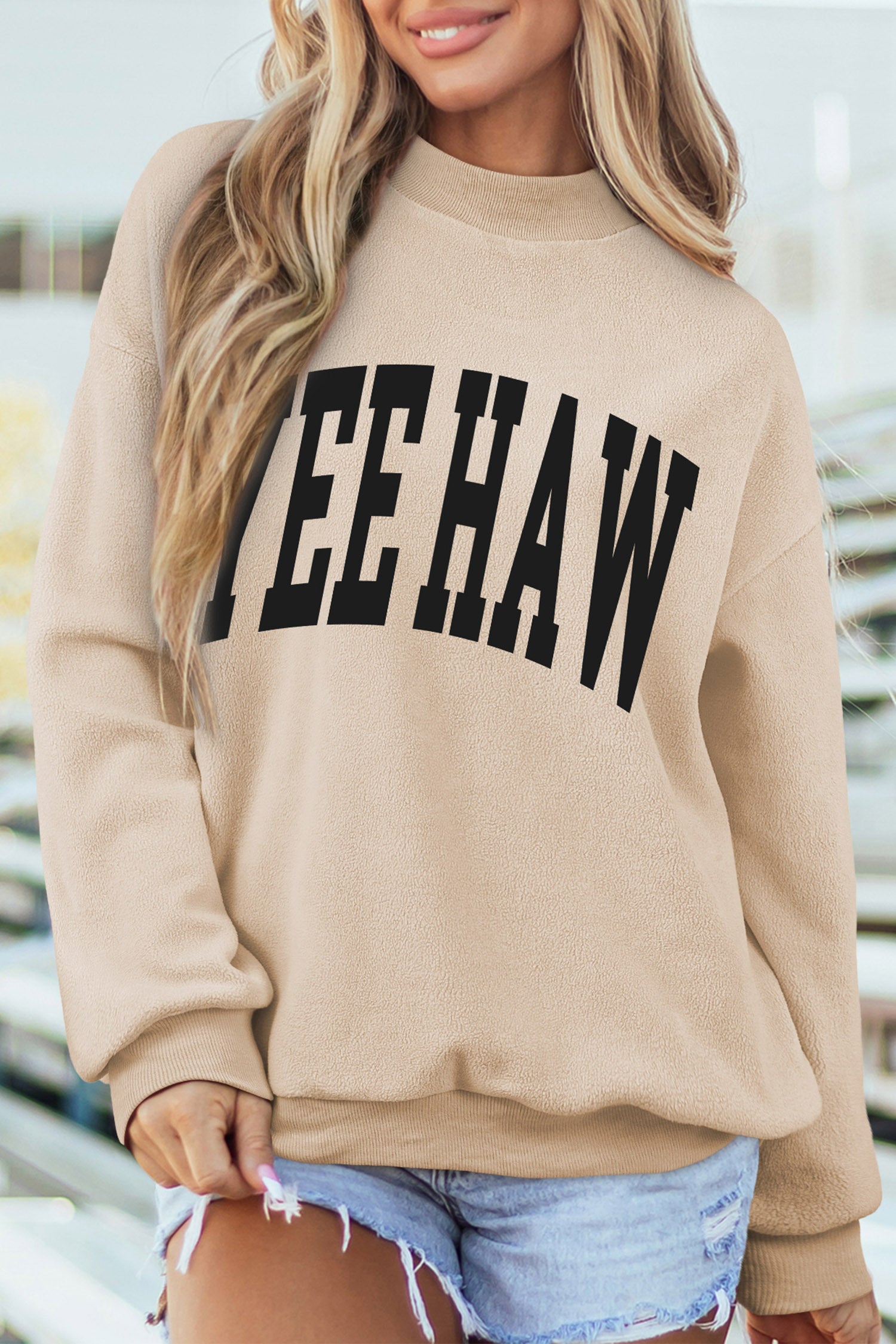 Apricot HOWDY/ YEEHAW Double Side Printed Mock Neck Western Reversible Sweatshirt
