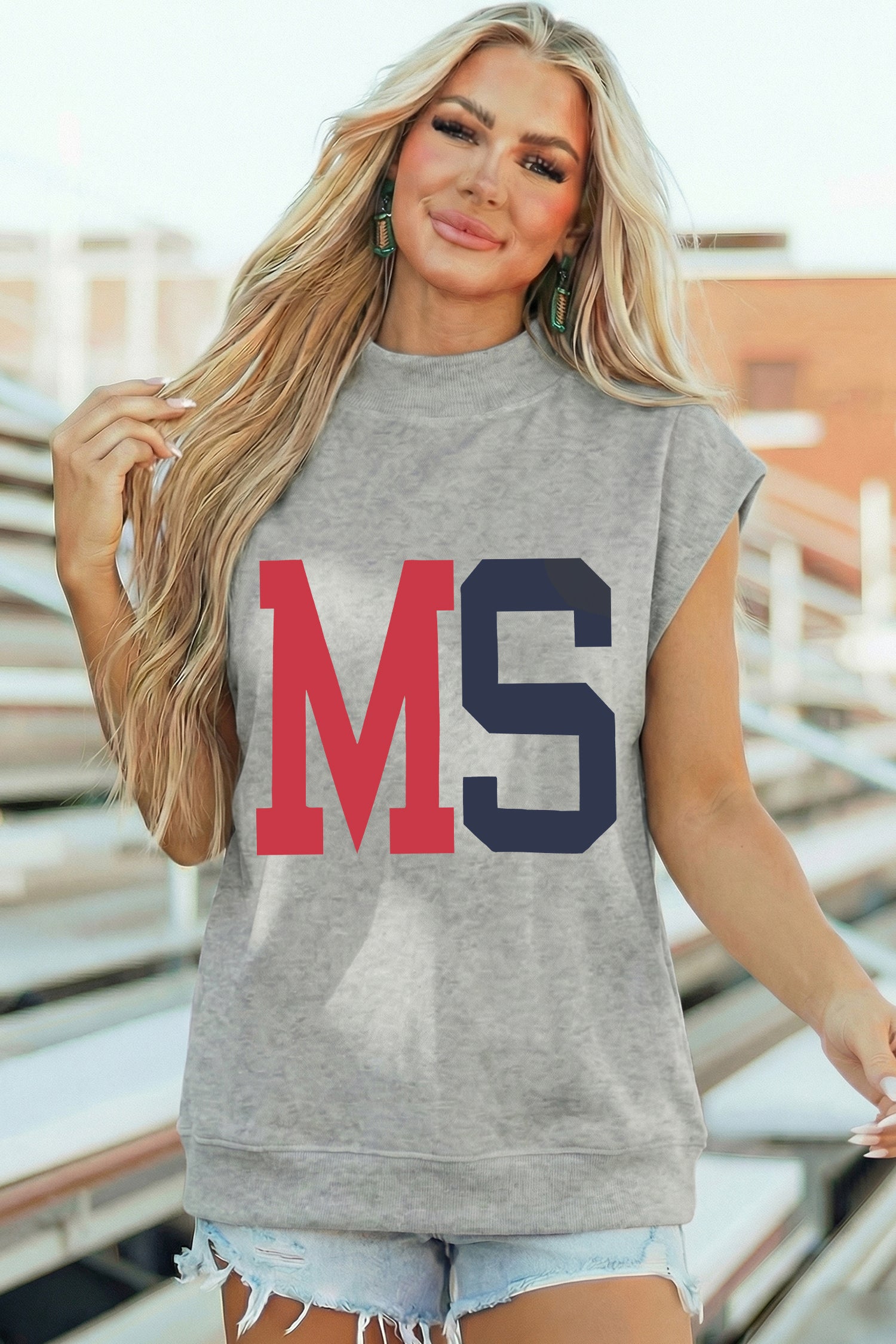 Light Grey MS/ MISSISSIPPI Double Side Printed Mock Neck Tee