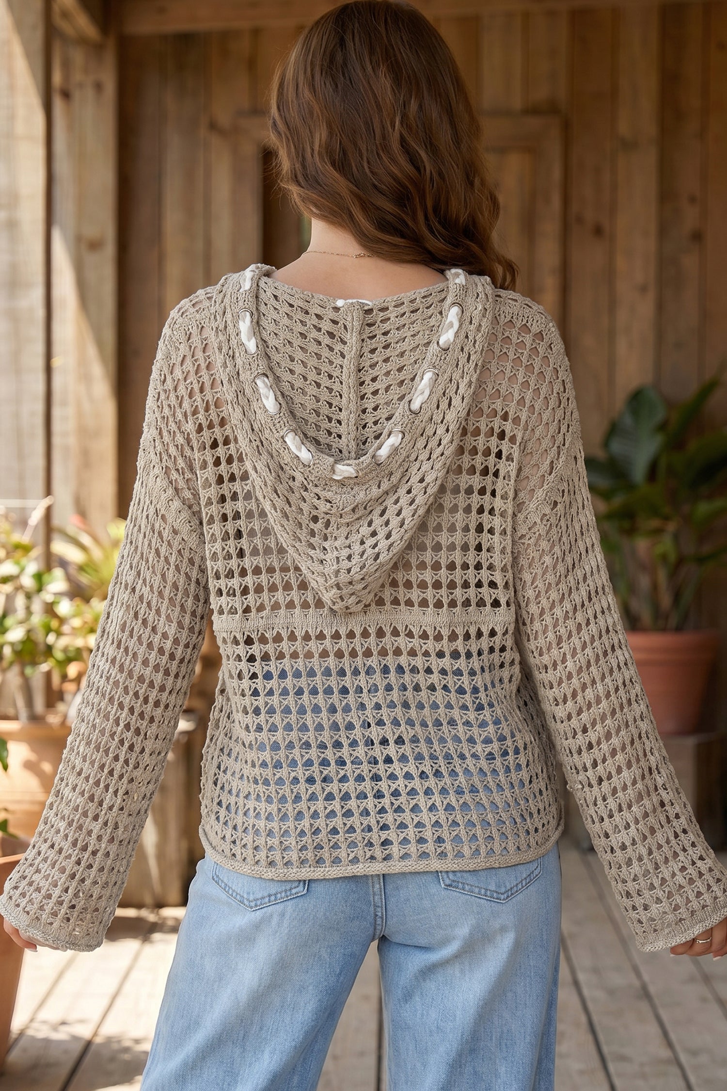 Sage Green Star Pattern Crochet Hooded Drawstring Sweater