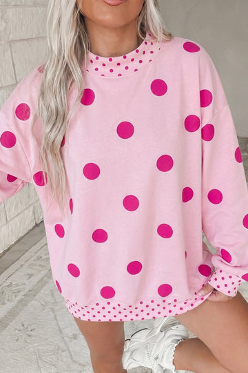 Pink Polka Dot Print Contrast Detail Oversized Tunic Sweatshirt