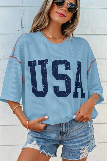 Beau Blue USA Graphic Half Sleeve Loose Ribbed Top