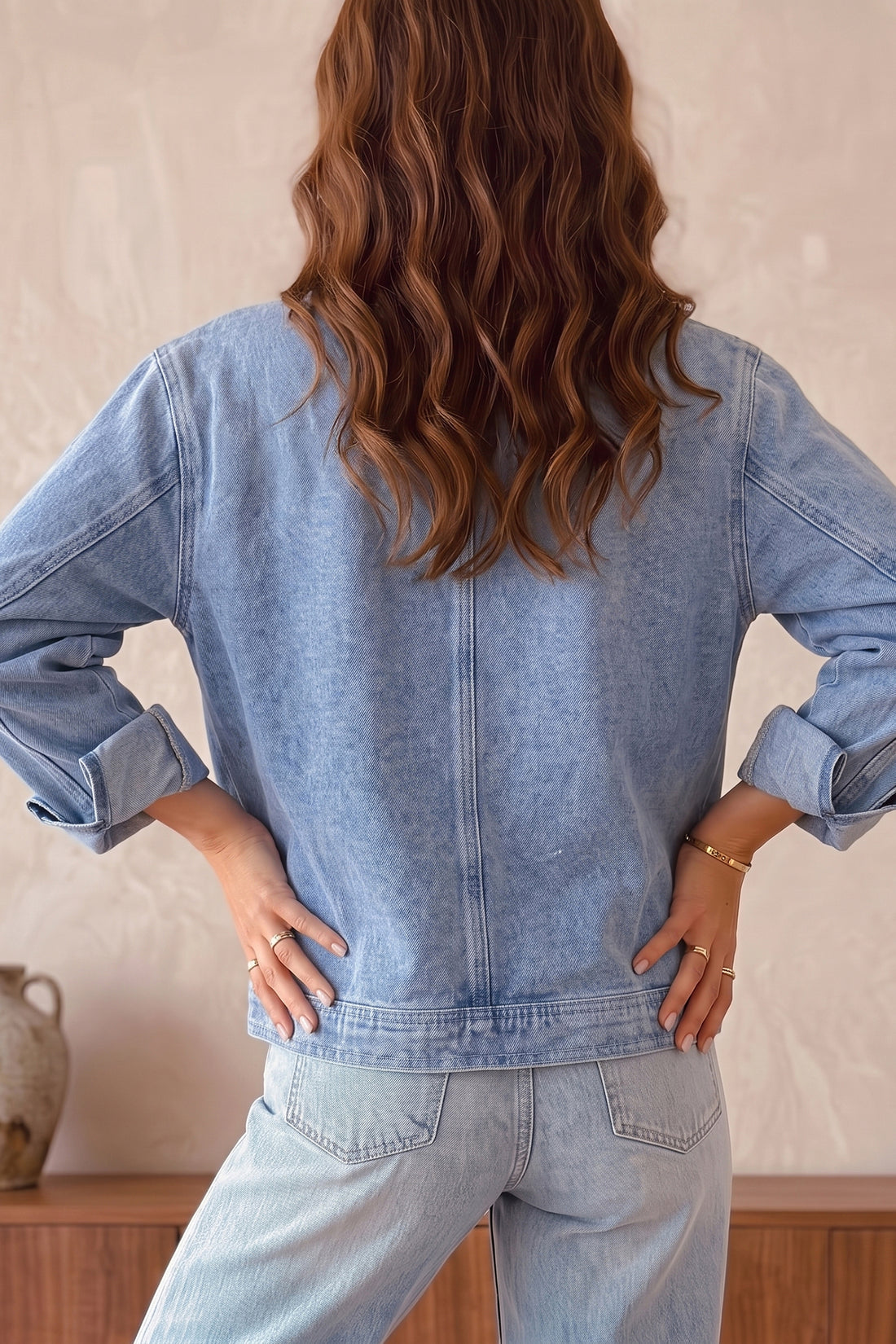 Beau Blue Studded Metal Zipper Rivet Pockets Long Sleeve Denim Jacket