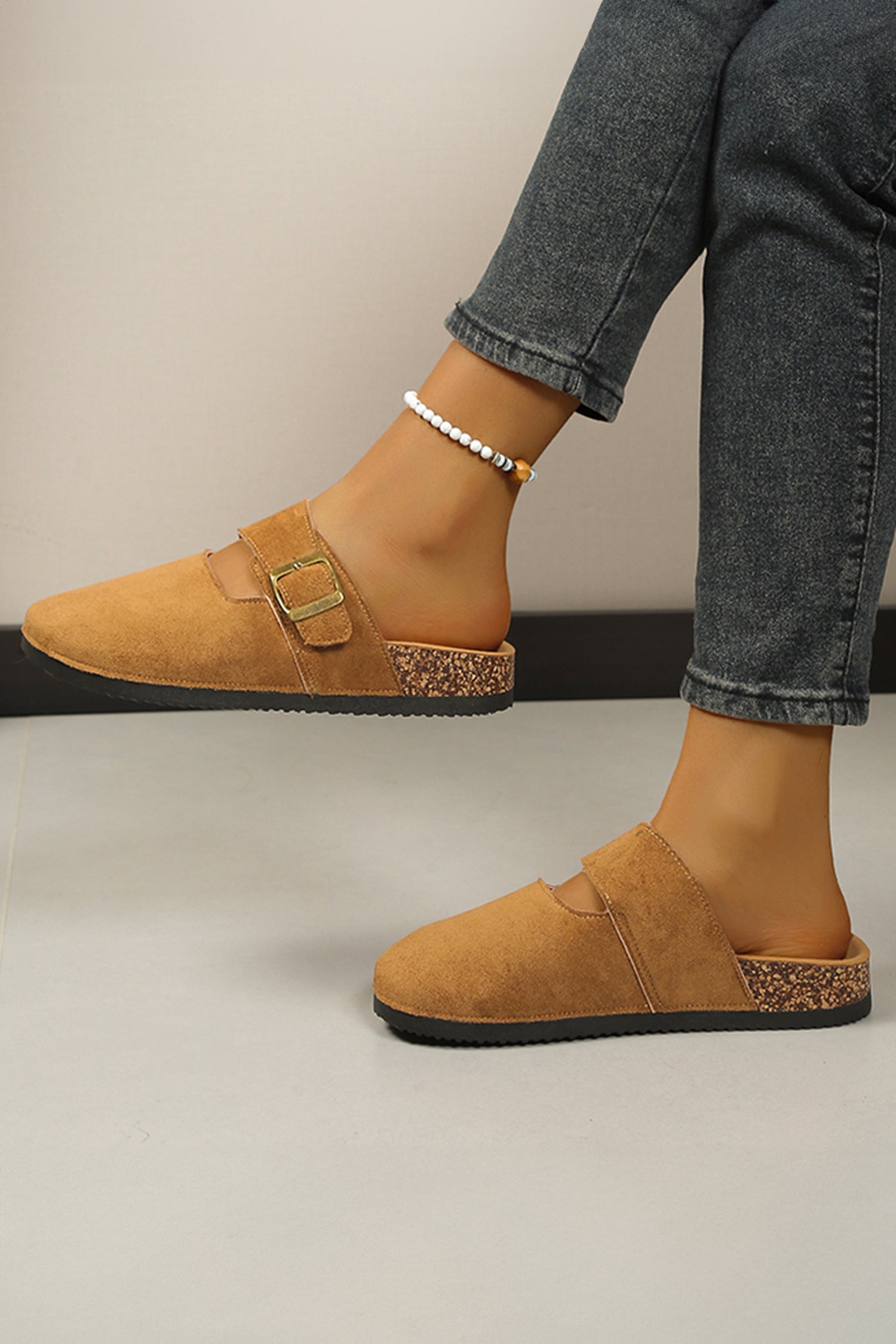 Camel Faux Suede Retro Buckle Clog Slippers