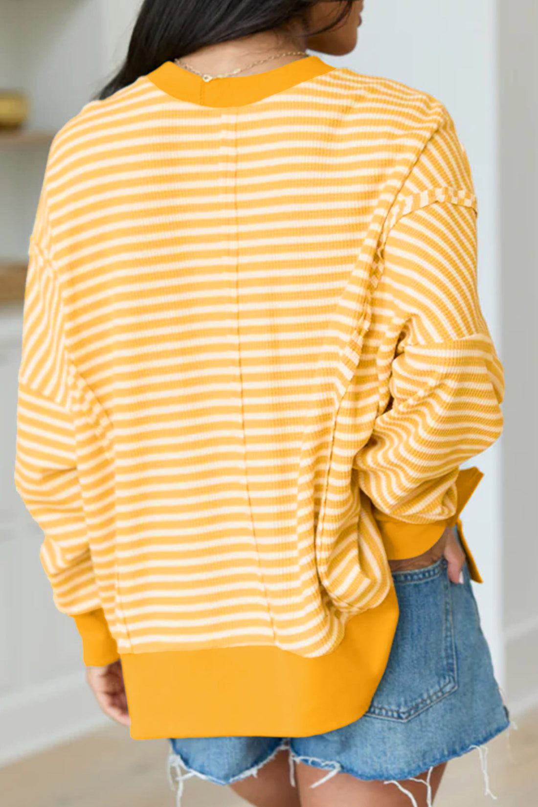 Khaki Stripe Halloween Pumpkin Face Waffle Knit Pullover Loose Top with Slits