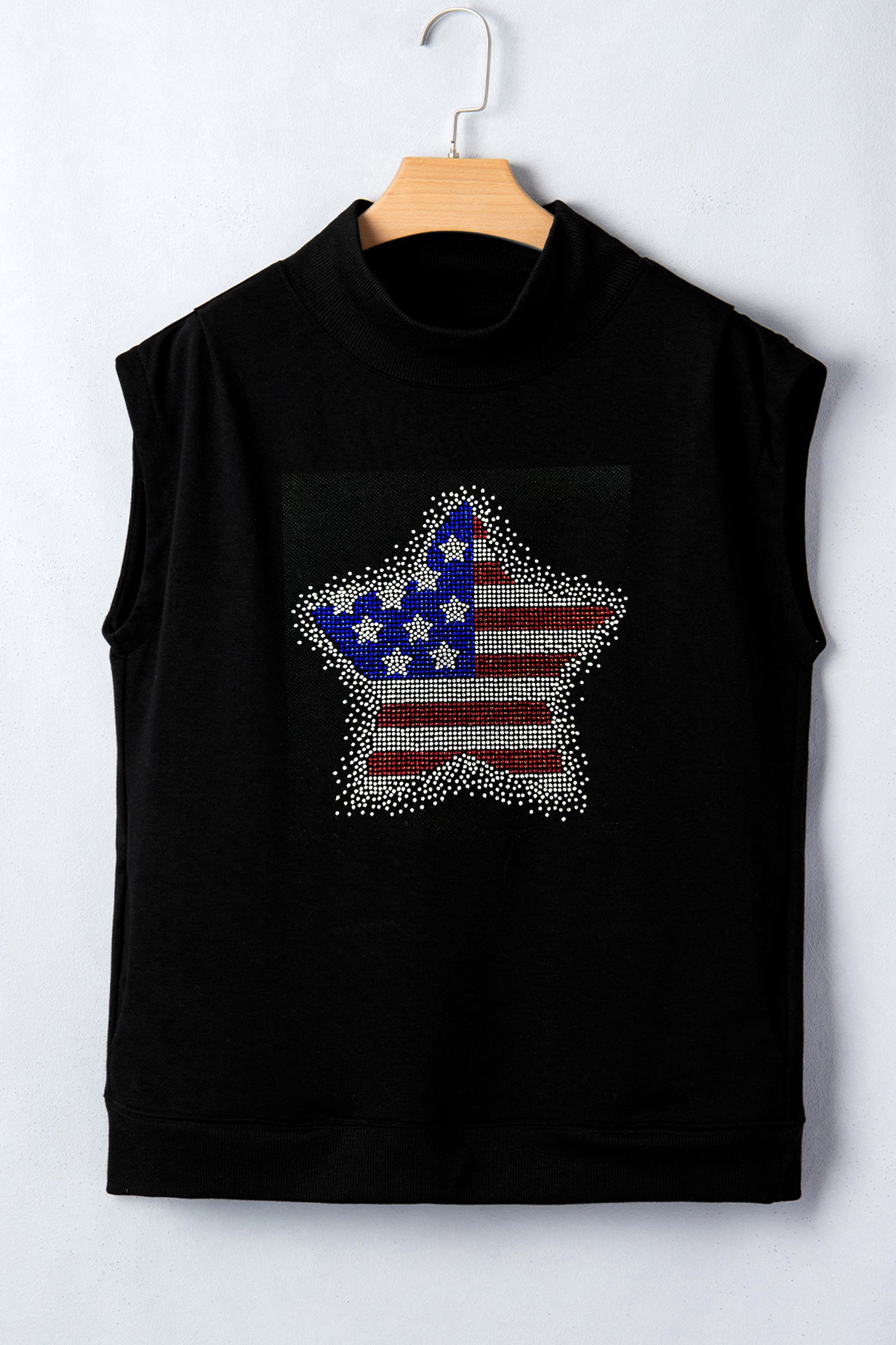 Black Patriotic Rhinestone Star High Neck Short Sleeve Top