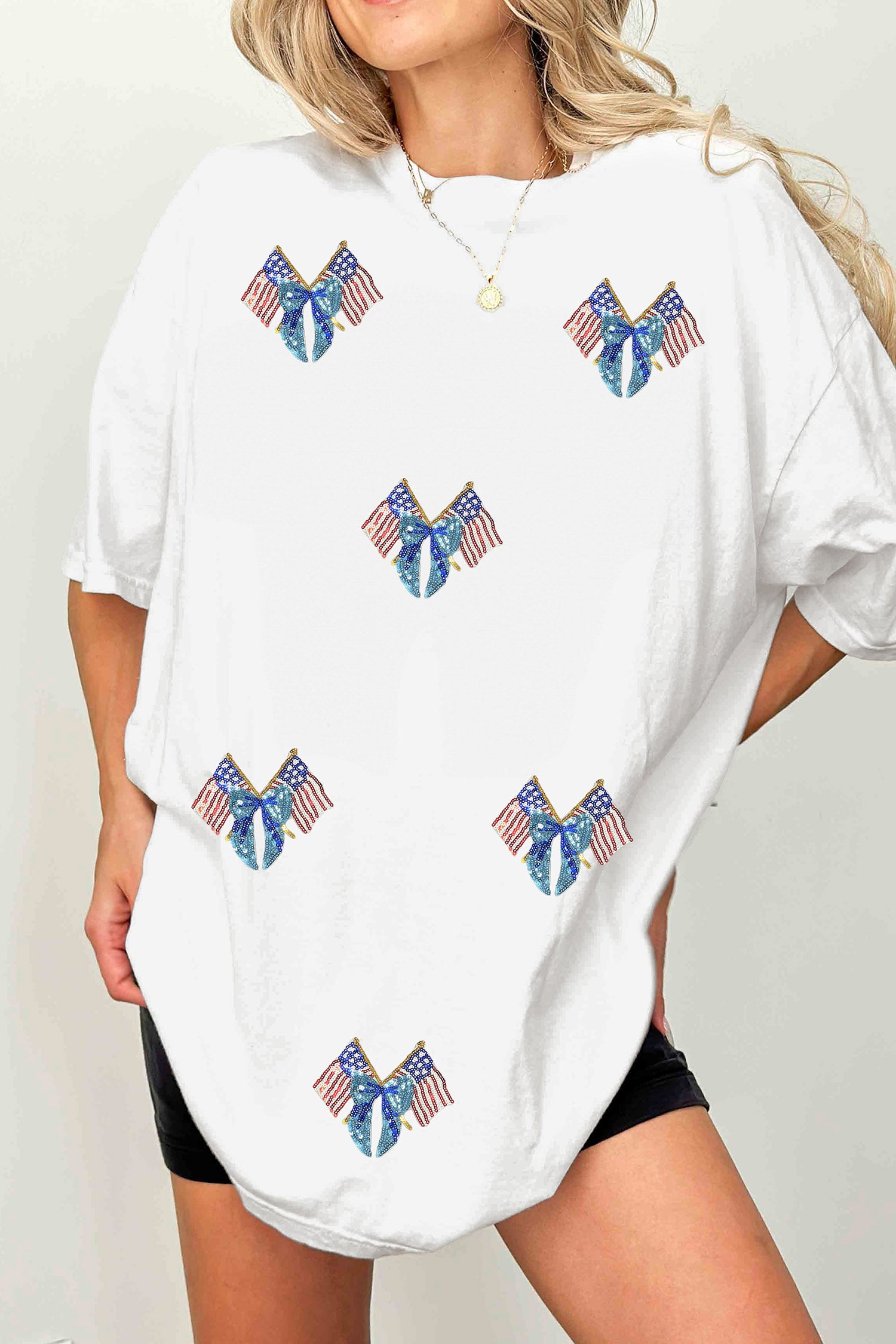 White Patriotic Sequin Bow Flag Cotton Tunic Shift Tee