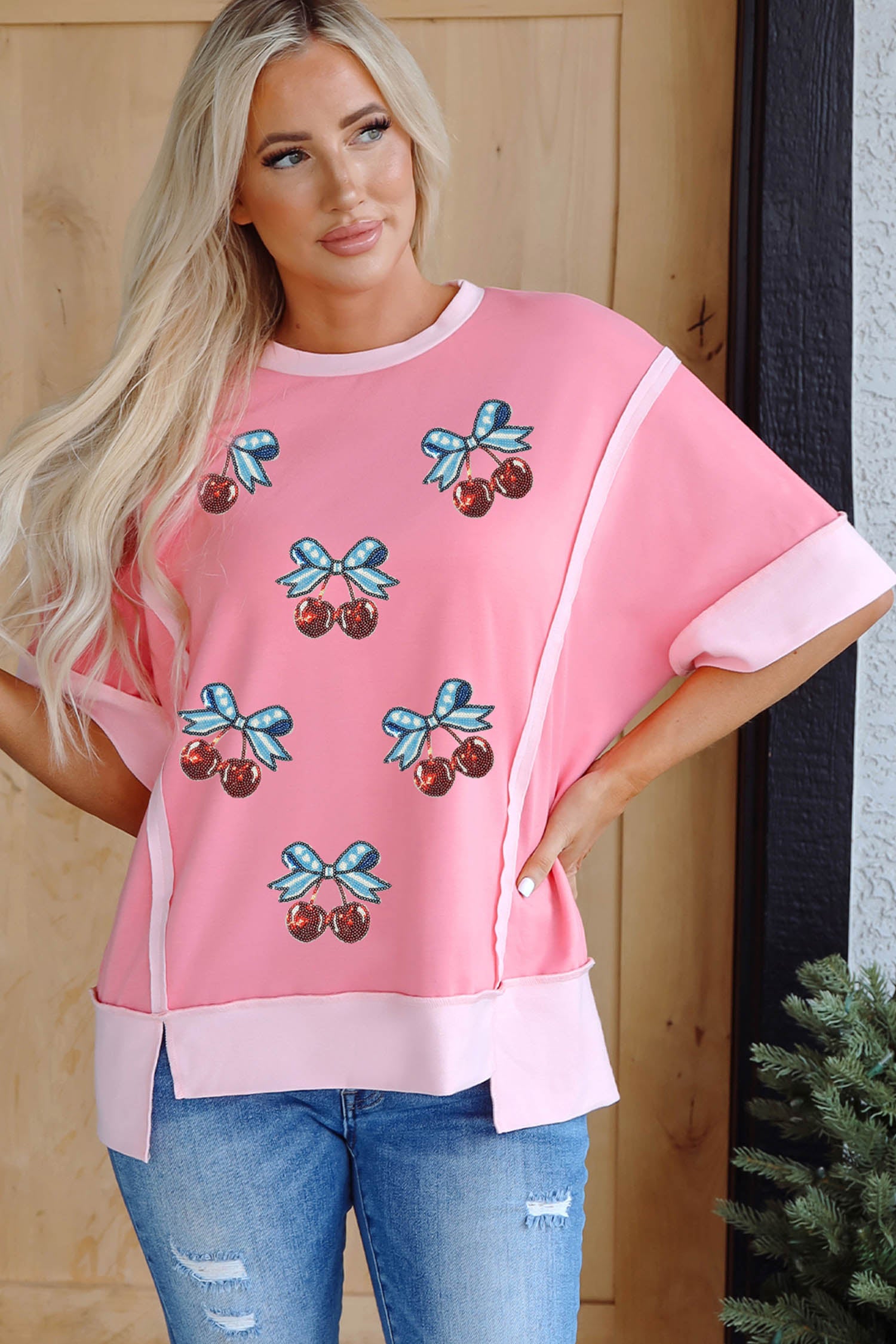 Peach Blossom Raw Seam Color Block Sequin Cherry Graphic Casual Shift Top