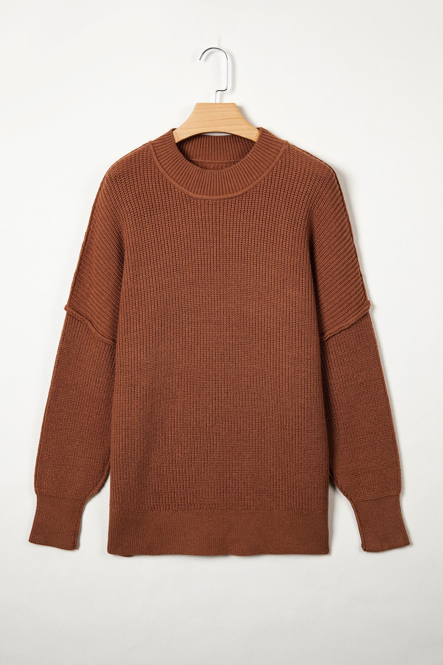 Chestnut Long Sleeve Ribbed Knit Stand Neck Regular Fit Sweater