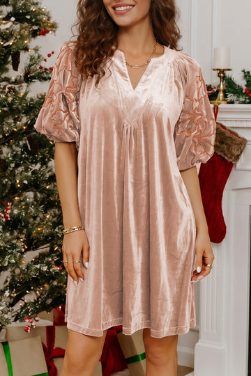 Light French Beige Embroidered Sleeve Velvet Mini Shift Dress