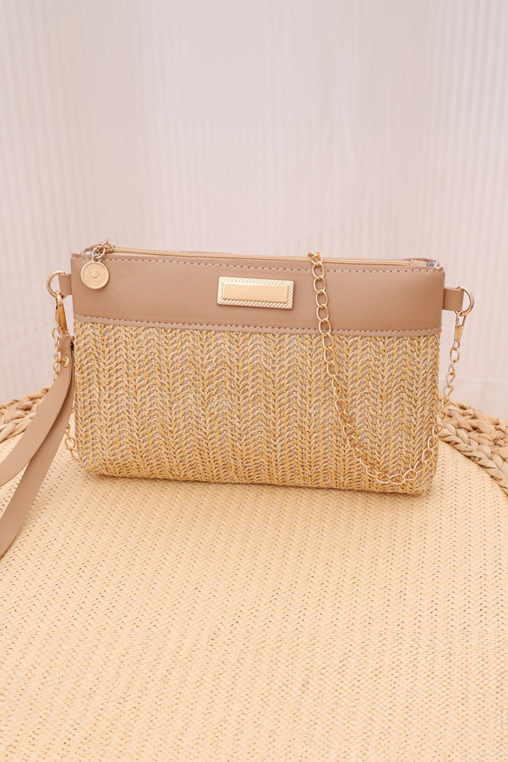Light French Beige PU Leather Patchwork Faux Straw Woven Single Shoulder Bag