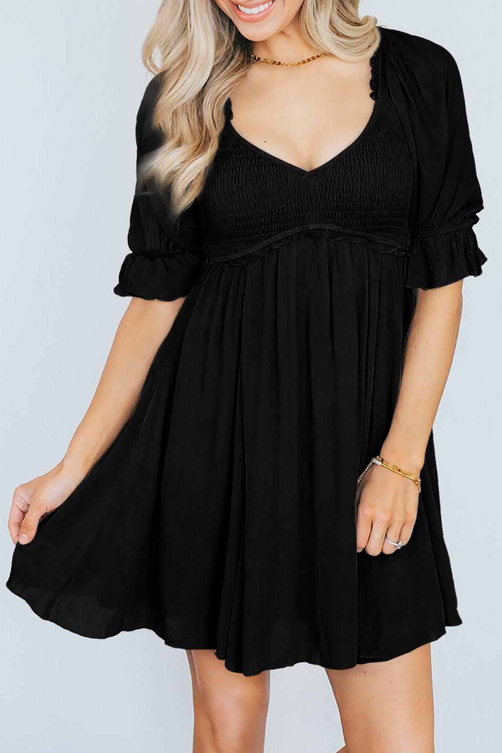Black Short Sleeve Shirred Waist V-Neck Textured Mini Dress